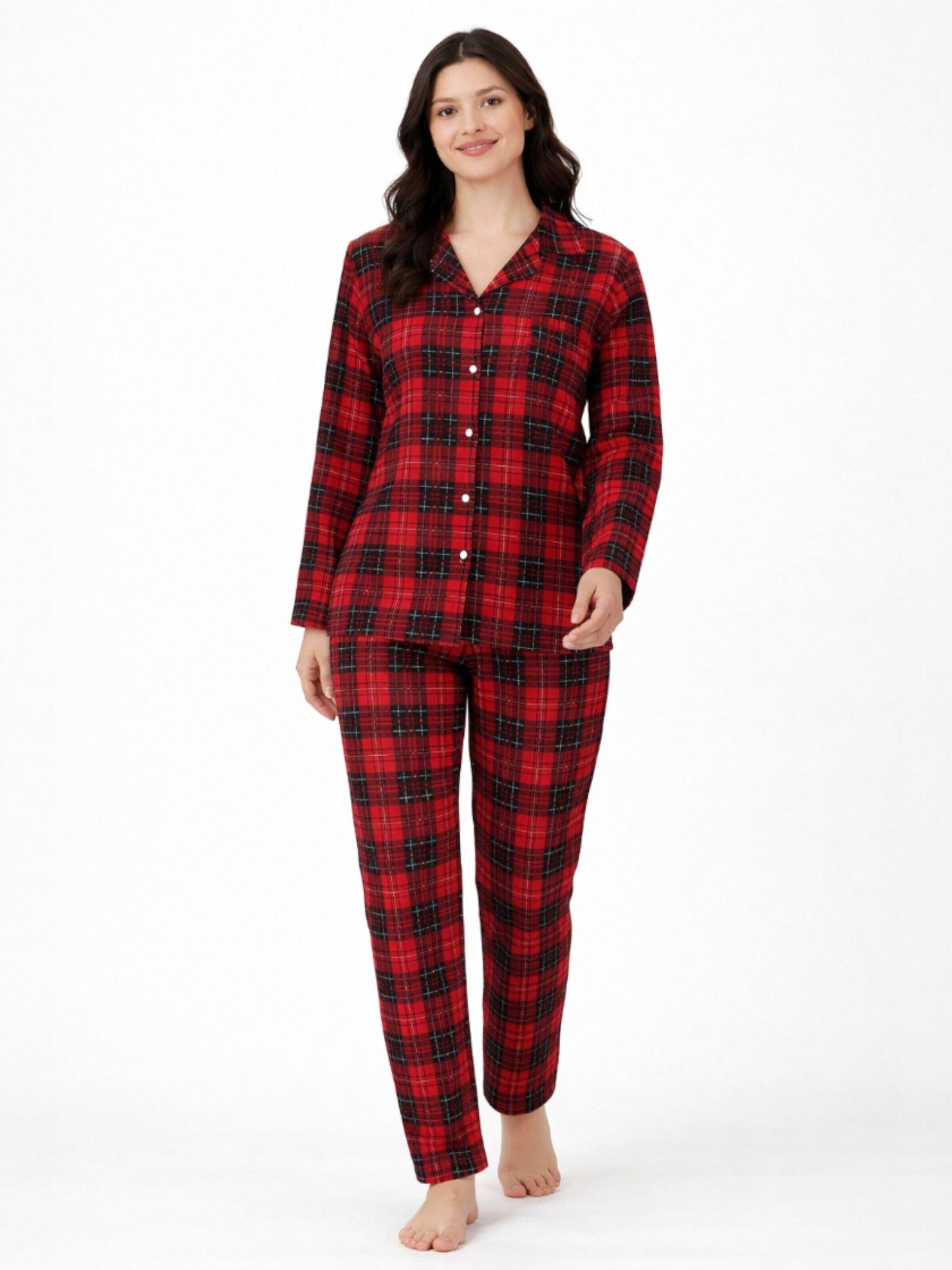 fashionshowcase - Pijama 'Pyjama Damen Schlafanzug Hausanzug Bordeaux kariert mit Knopfleiste' en rojo: frente