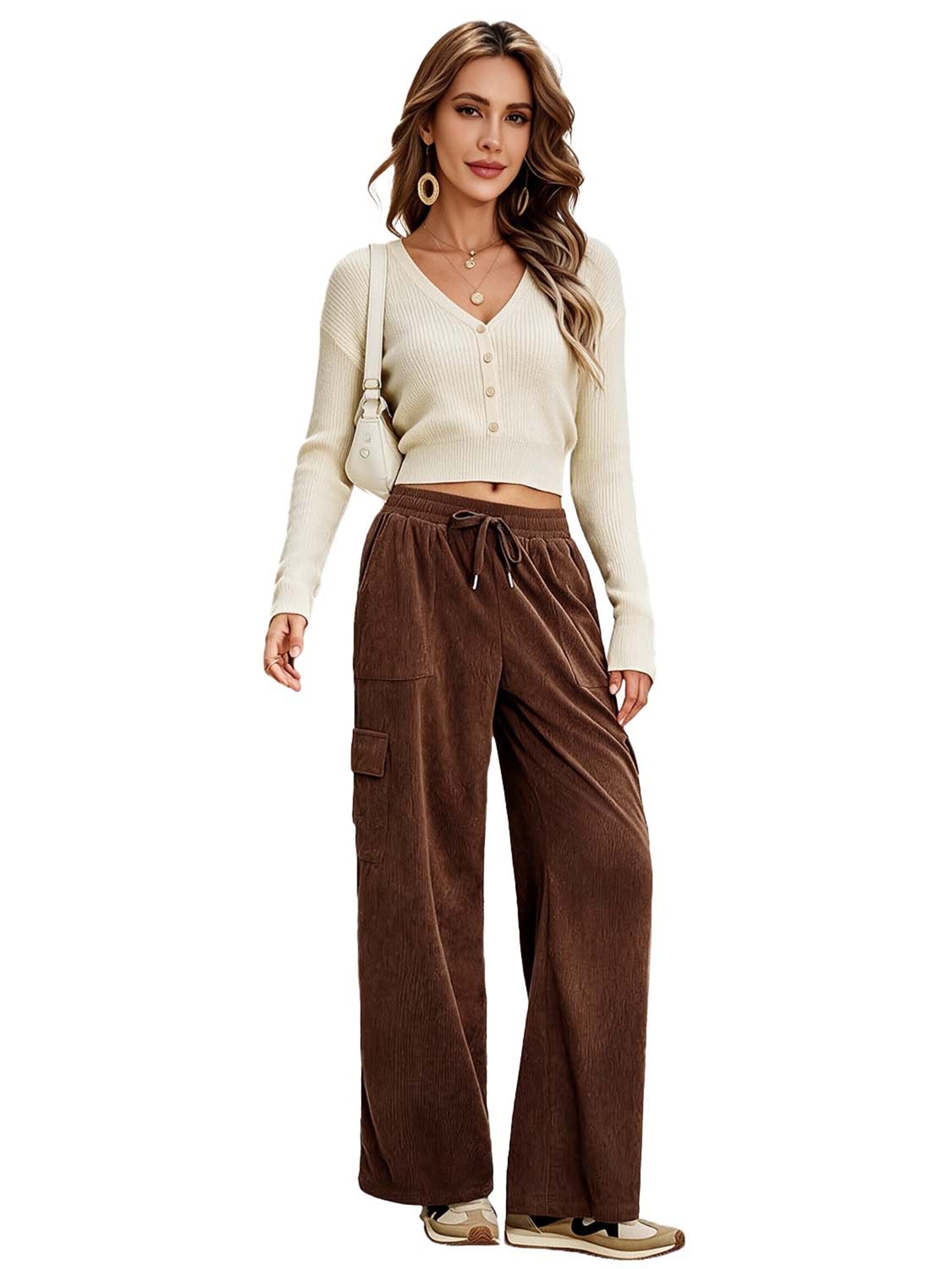 KoJooin Szeroka nogawka Spodnie 'Damen Cord-Workwear-Hose mit elastischem Bund Lässige,gerade geschnittene Culotte mit weitem Bein' w kolorze brązowy