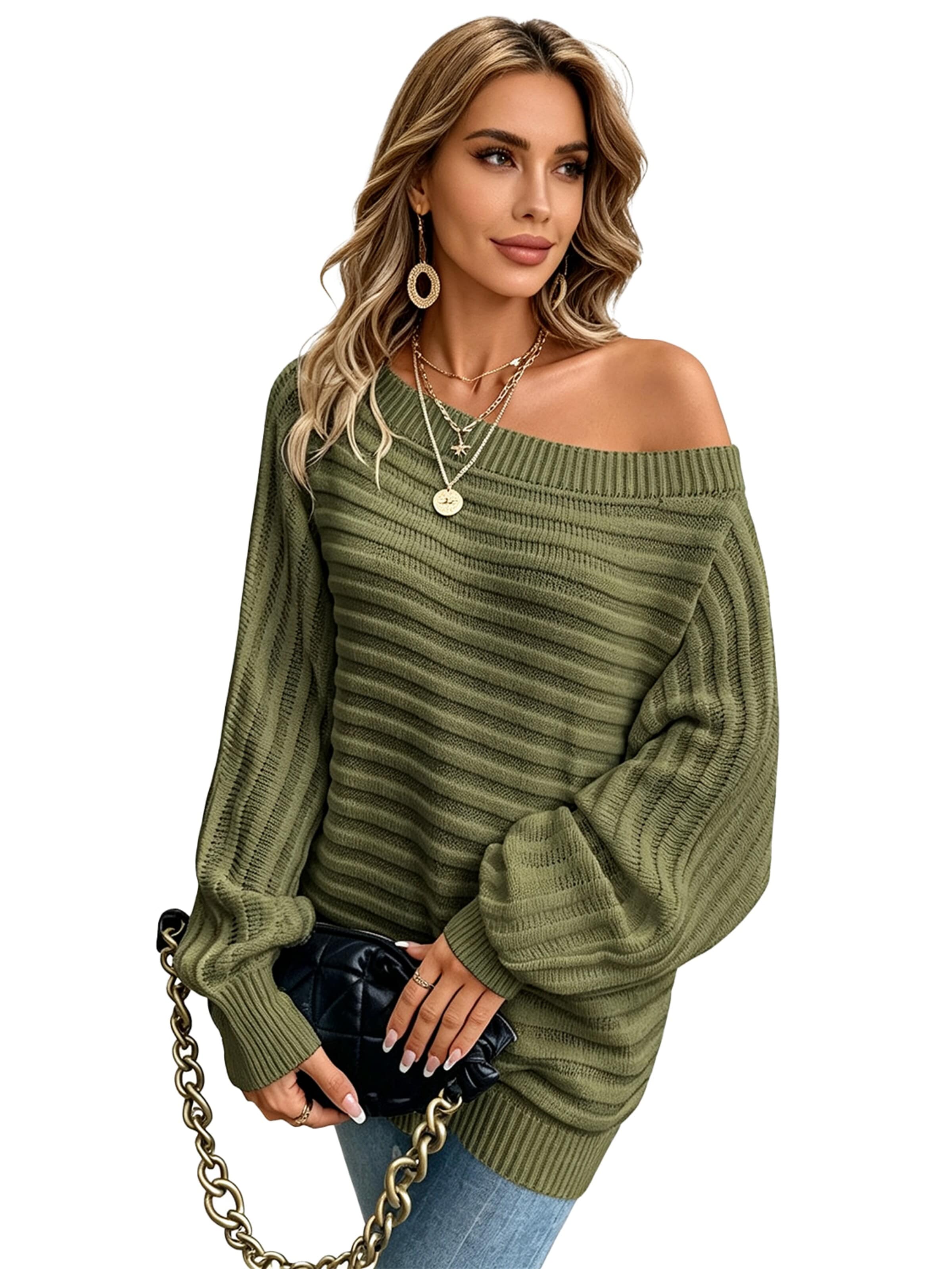 KoJooin Sweter 'Damen Strukturiertes Rippstrick Pullover Carmenausschnitt und Fledermausärmeln Oversize-Strickpulli' w kolorze zielony