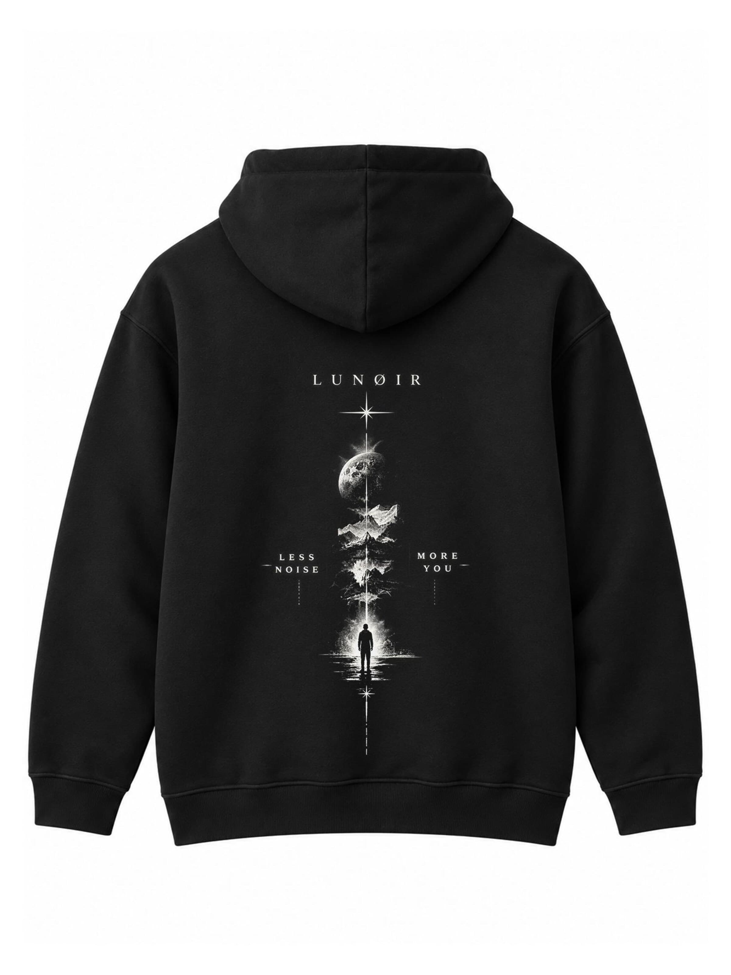 LUNØIR StudioSweater majica 'Listen Beyond the Noise' - crna boja: prednji dio