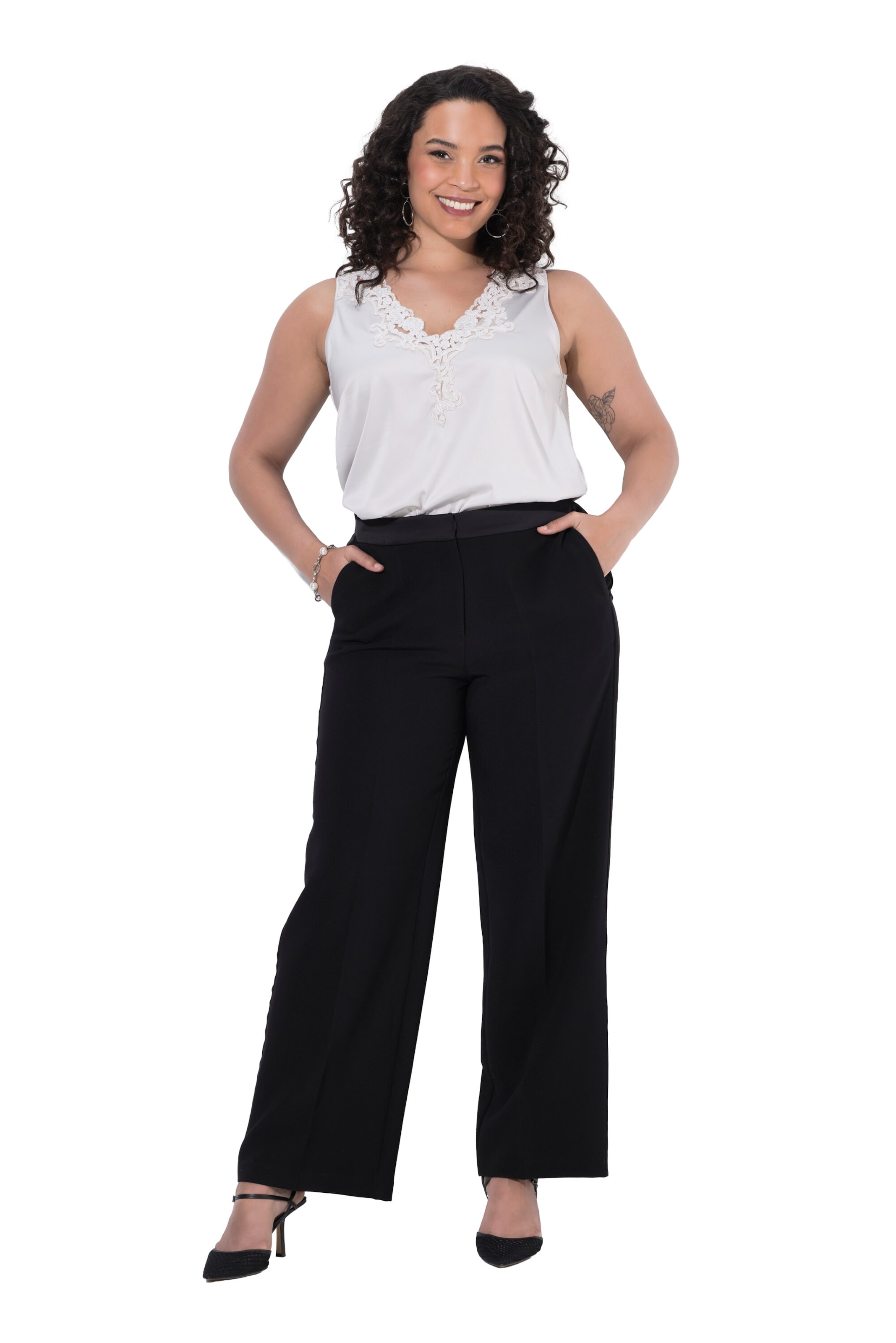 Ulla Popken Wide leg Broek in Zwart: voorkant