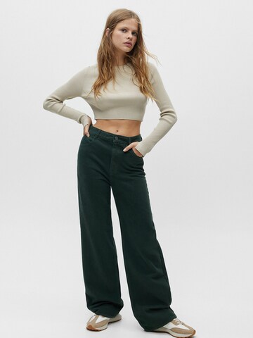 Pull&Bear Wide leg Jeans i grön: framsida