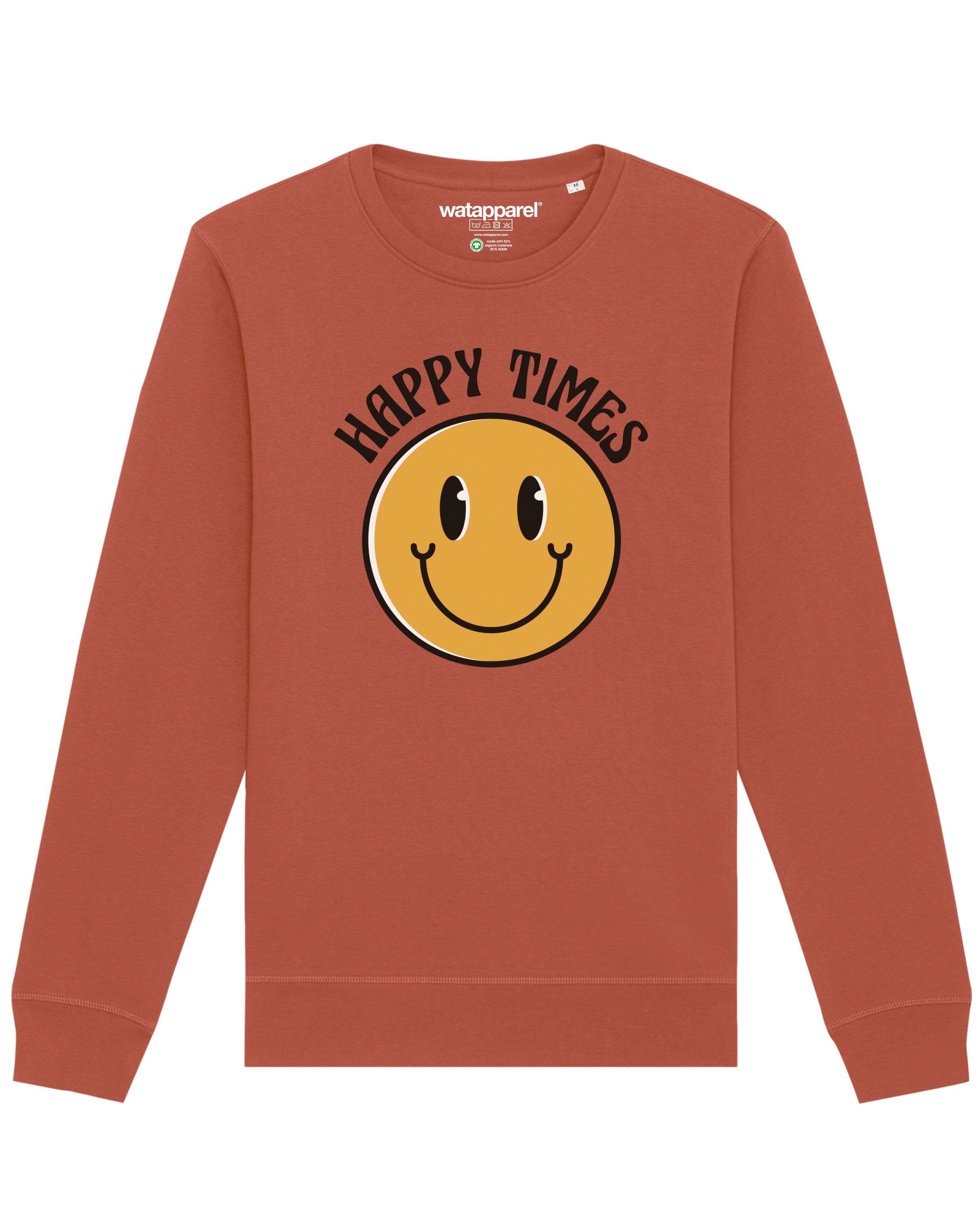 Watapparel Sweatshirt ' Happy times smiley emoji ' in Bruin: voorkant