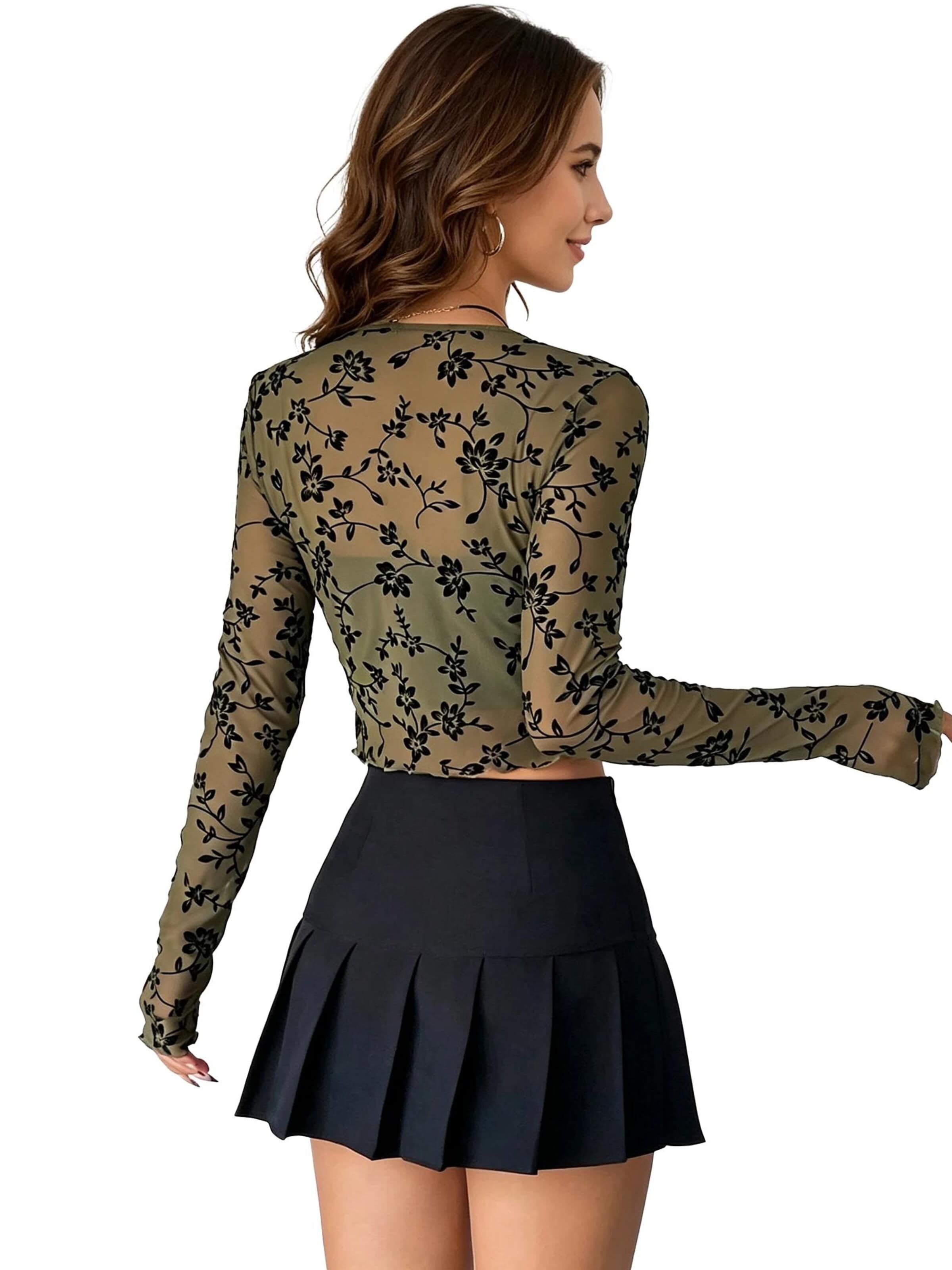 KoJooin Kardigan 'Damen-Crop-Cardigan mit langen Ärmeln,floraler Spitze,transparentem Mesh-Einsatz und Bindeband vorne' w kolorze zielony