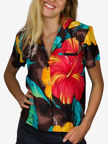 King Kameha Blouse 'Big Flower' in Brown: front