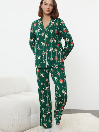 Trendyol Pyjama in goldgelb / dunkelgrün / rot / weiß, Produktansicht