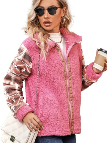 KoJooin Kurtka przejściowa 'Damen Langarm Kuscheljacke mit Reißverschluss Strickjacke mit Stehkragen und weichem Plüsch' w kolorze różowy