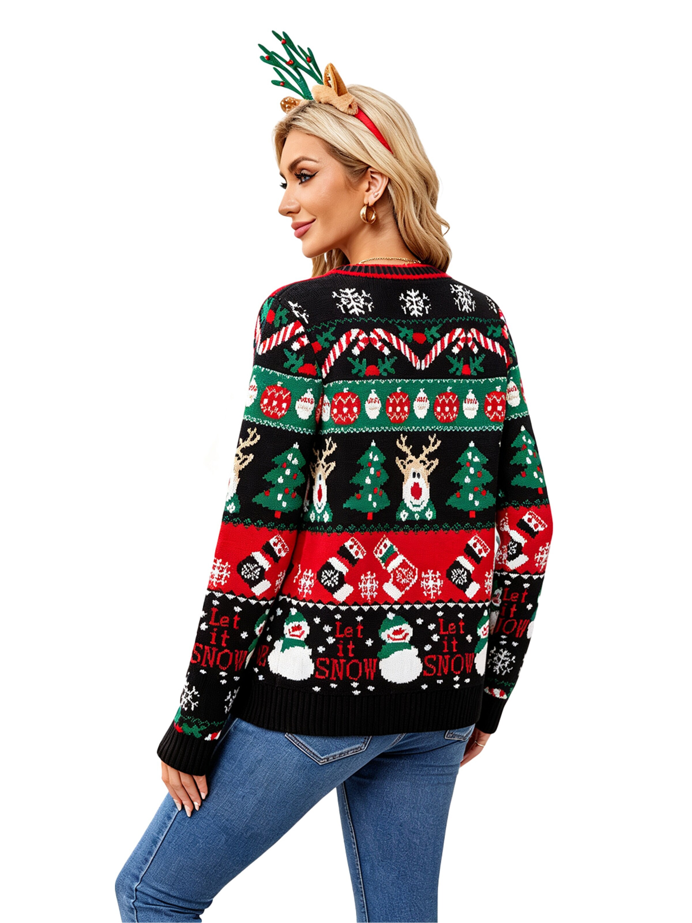 KoJooin Knit cardigan 'Damen Ugly Christmas Sweater mit Rentier Lustiger festlicher Strickpullover mit Schneeflocken' in Black