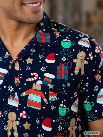 King Kameha Regular Fit Hemd 'Christmas Gingerbread'‌‌‌‌‌‌‌‌‌ in Blau