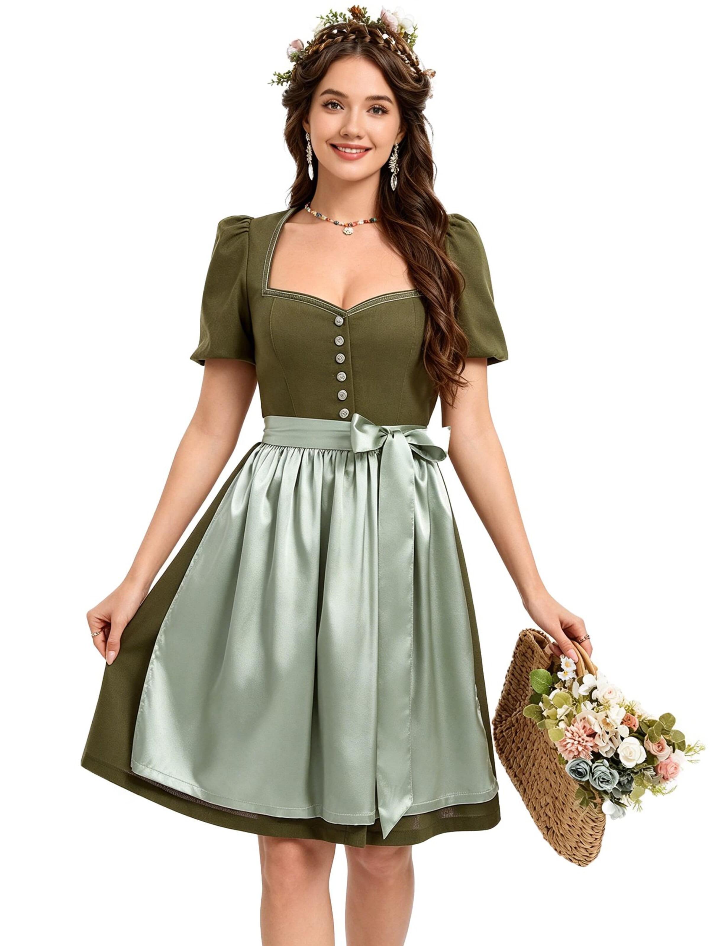 KoJooin Dirndl 'Damen 2-Teiliges Dirndl-Stil Set Mit Puffärmeln, Knopfleiste Und Schürze'‌ in Grün: Vorderseite