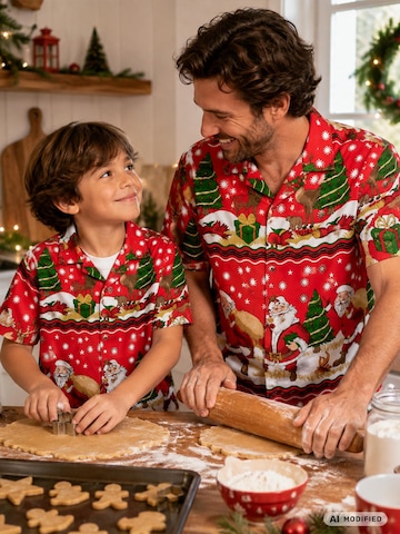 King Kameha Regular fit Button up shirt 'Christmas Border Print' in Red
