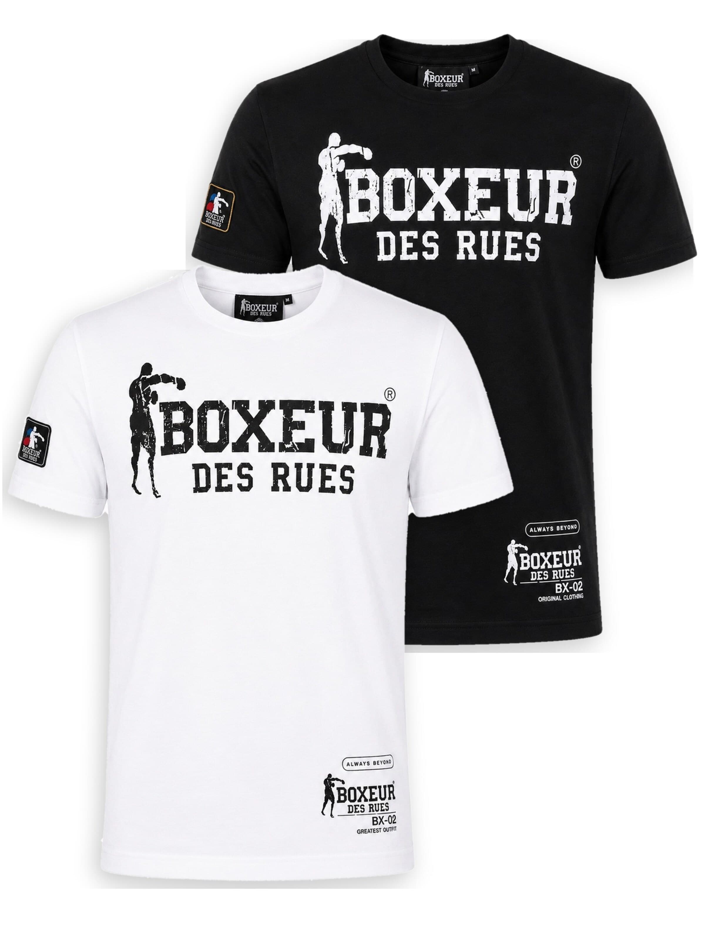 Boxeur des Rues - Camiseta 'Herren T-Shirt 2er-Pack Boxeur des Rues Slim Fit: Weiß, Schwarzes Logo + Schwarz, Weißes Logo' en Mezcla de colores: frente