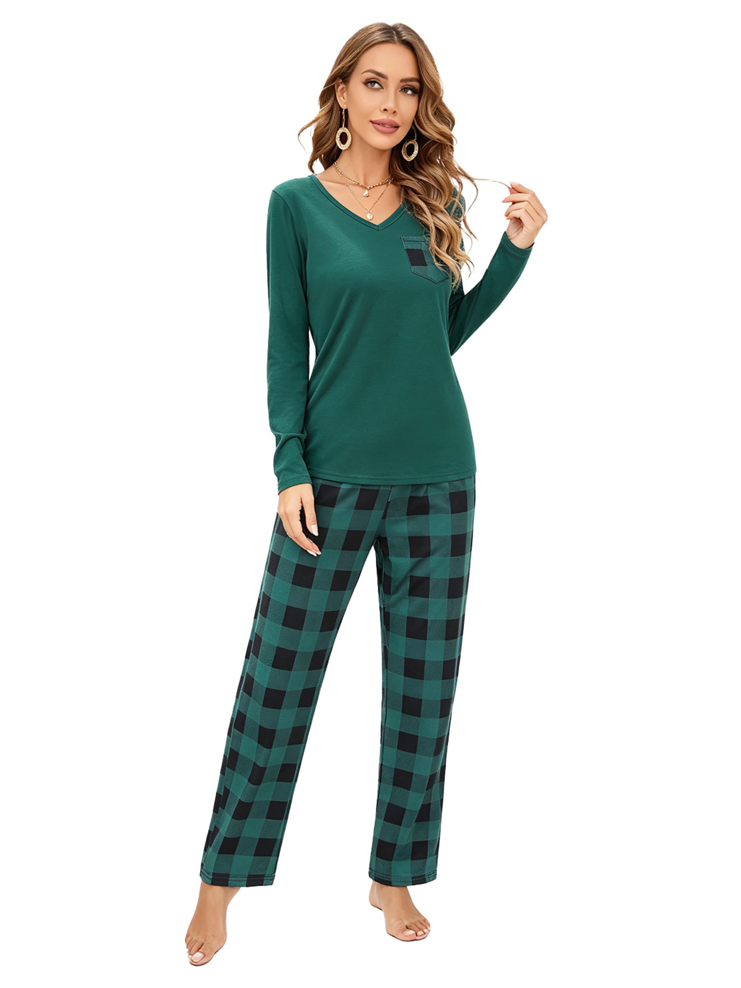 KoJooin Piżama 'Damen Weihnachts-Pyjama-Set im Karierten Design Klassische,Langärmelige Loungewear für Familiäre' w kolorze zielony