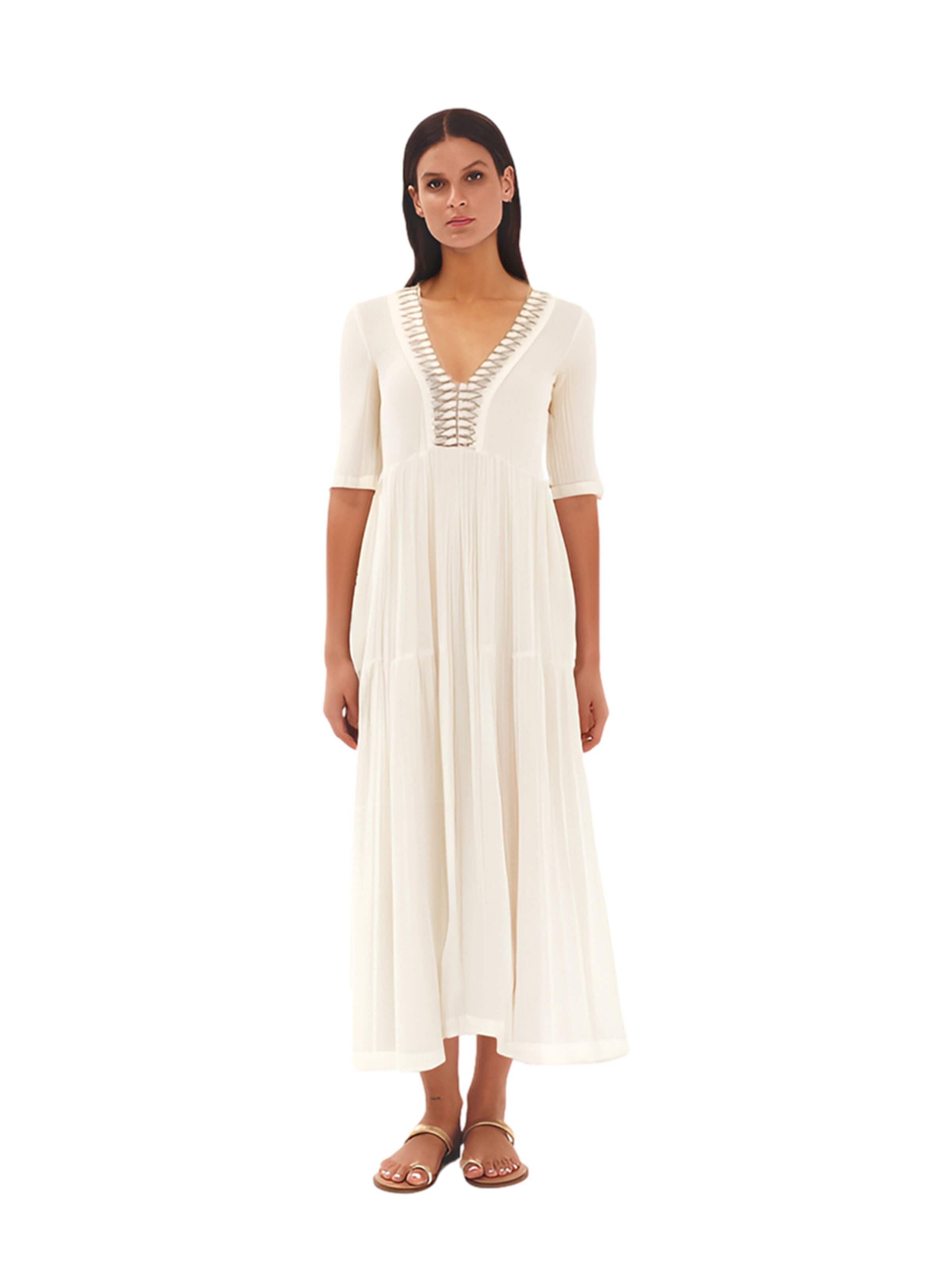 Haris Cotton Dress 'Maxi Dress in Textured Cotton with Laced Trim V Neck' in Beige