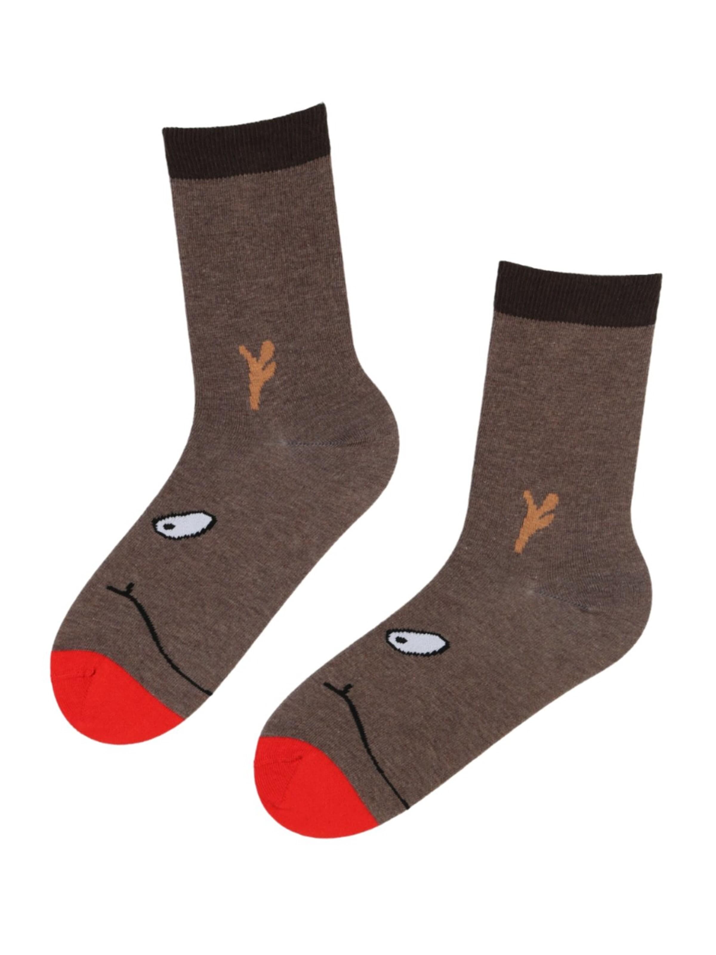 Sokisahtel Socken 'RUDOLF cotton socks with a reindeer'‌‌‌‌‌‌ in Braun: Vorderseite
