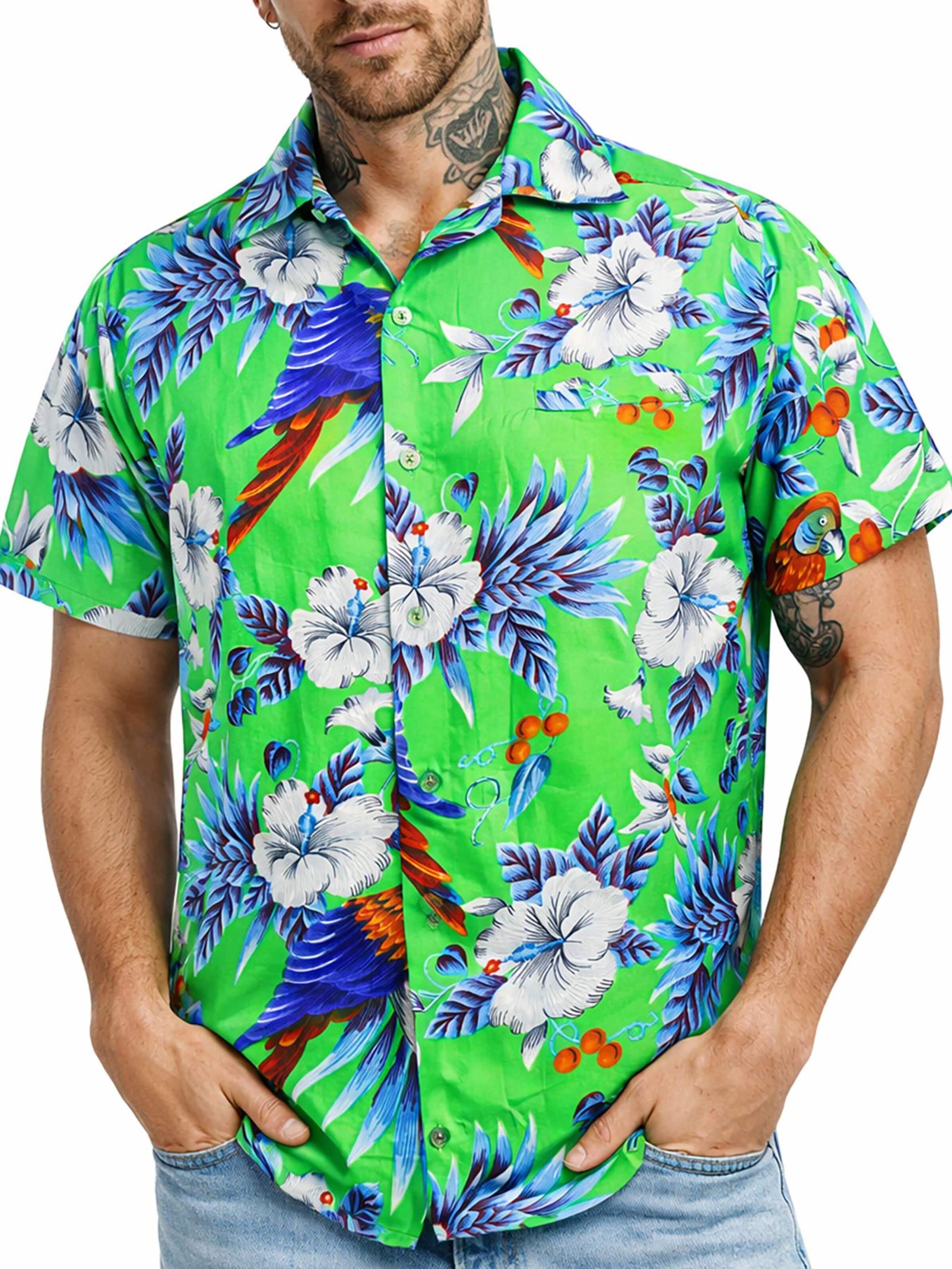 King Kameha Shirt 'Cherryparrot' in Groen: voorkant