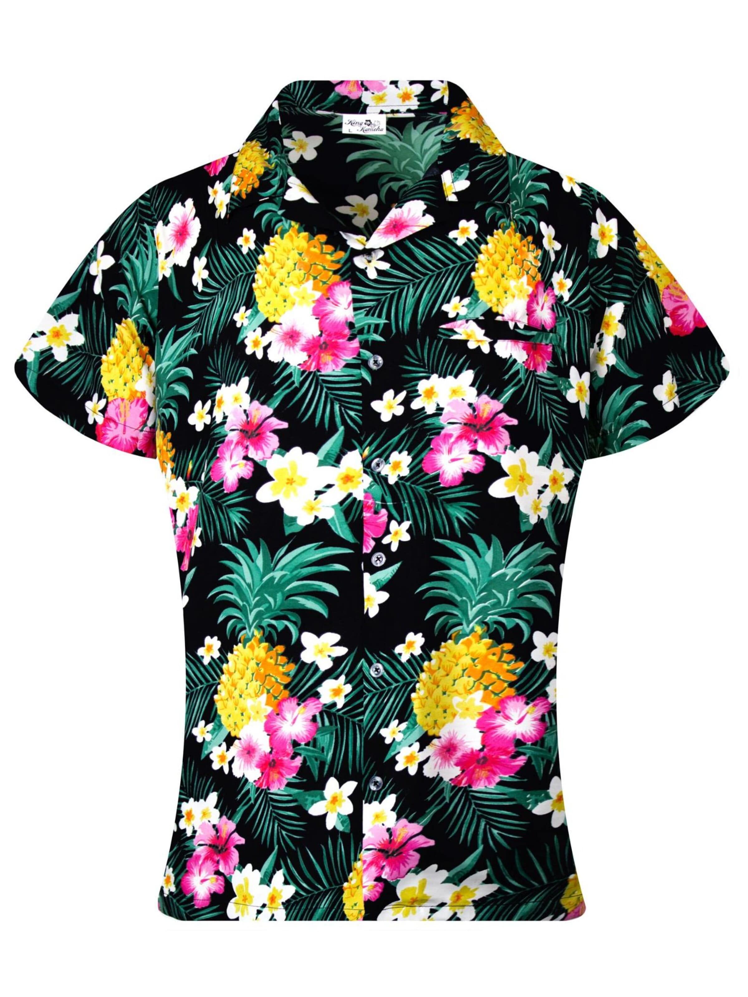 King Kameha Blouse 'Pineapple Flowers' in Black: front