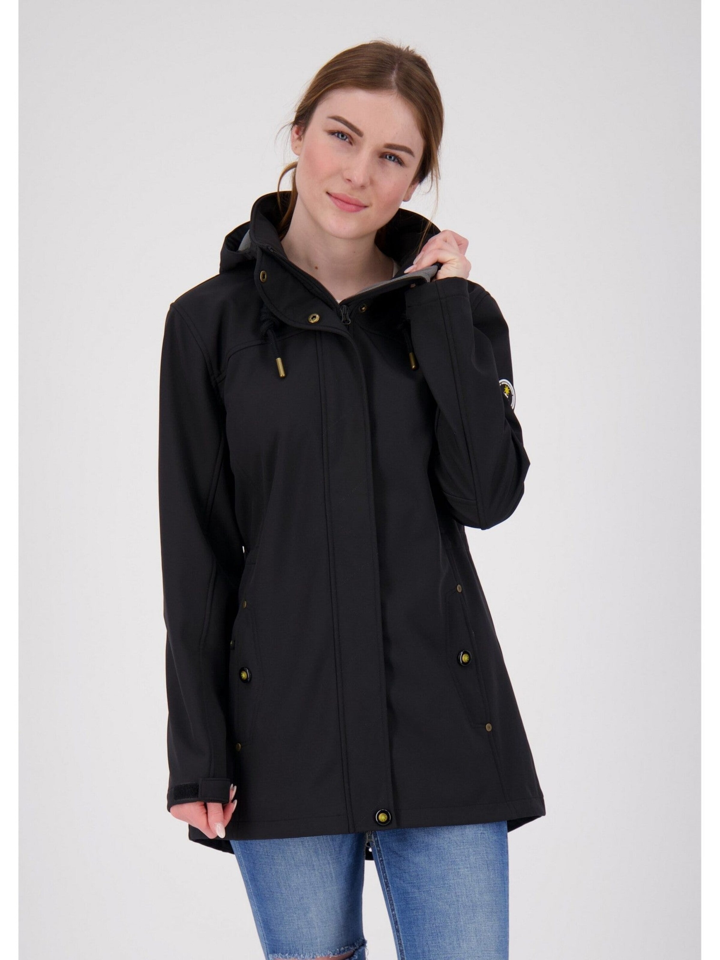 ankerglut Tussenjas 'Softshellmantel Ankerglutbrise Damen Softshelljacke Kapuze' in Zwart: voorkant