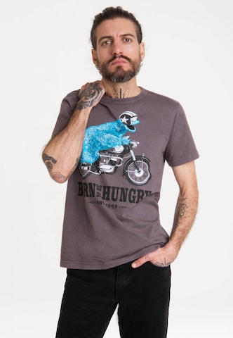 LOGOSHIRT Shirt 'Sesamstrasse - Krümelmonster Motorrad' in Grey: front