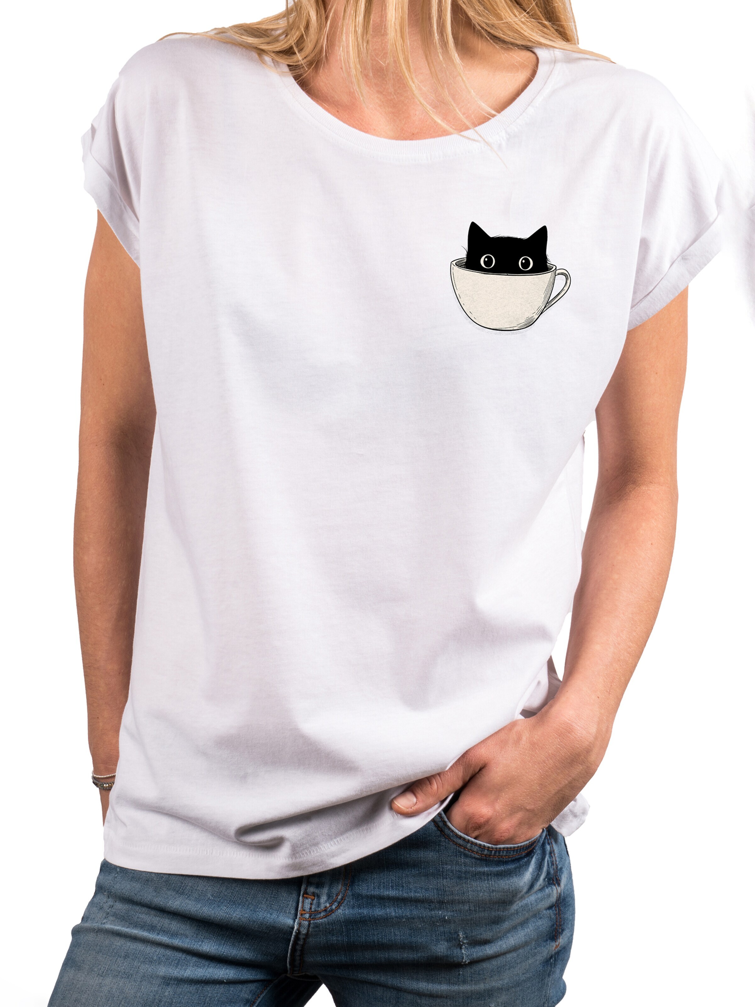 MAKAYA Shirt 'Cup Cat' in White