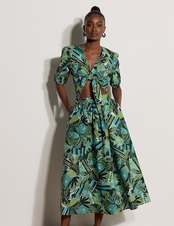 Apricot Tropical Leaf Patchwork Cotton Midi Skirt ' ' in Blau: Vorderseite