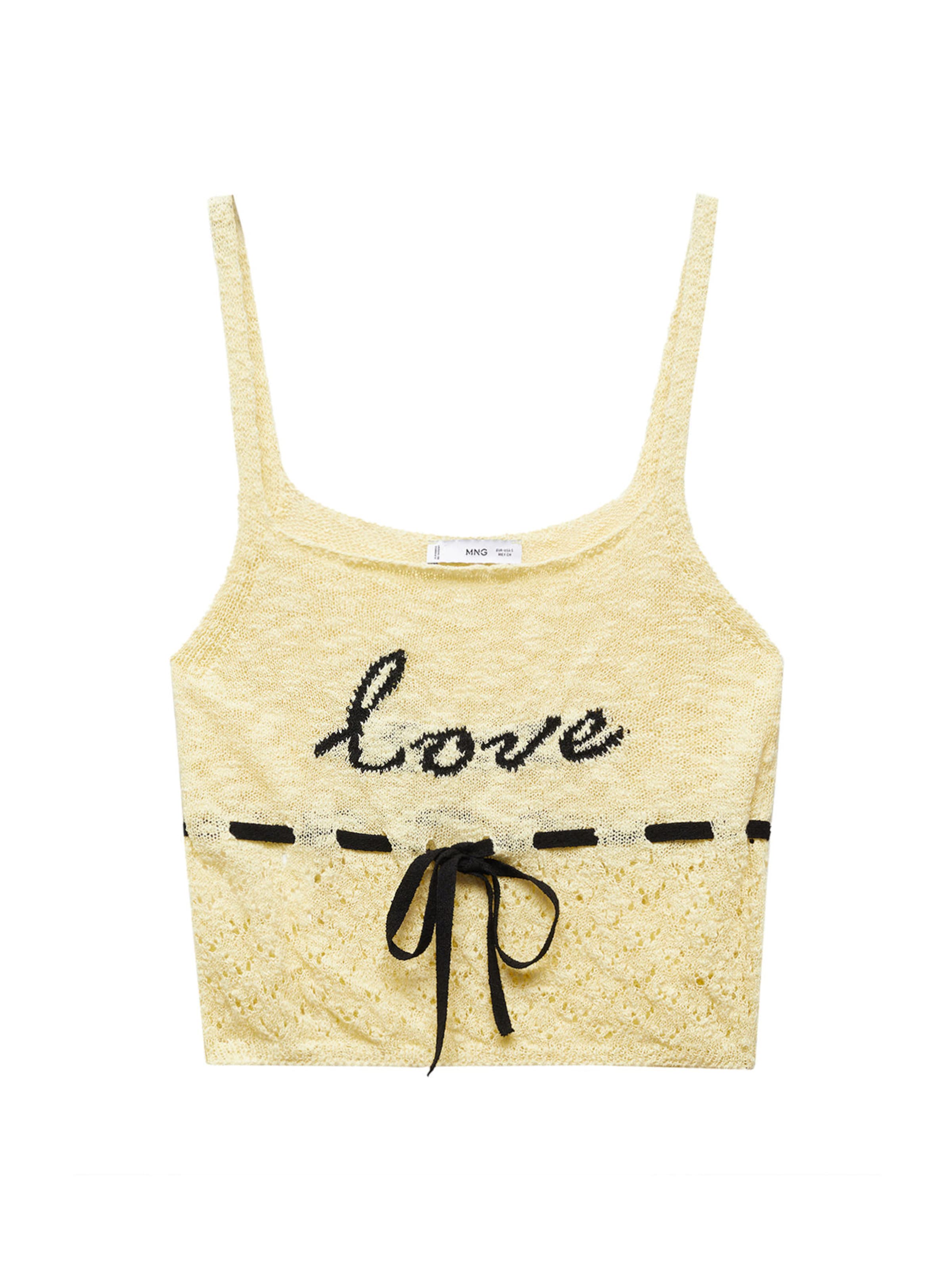 MANGO Плетен топ 'LOVE' в жълто: отпред