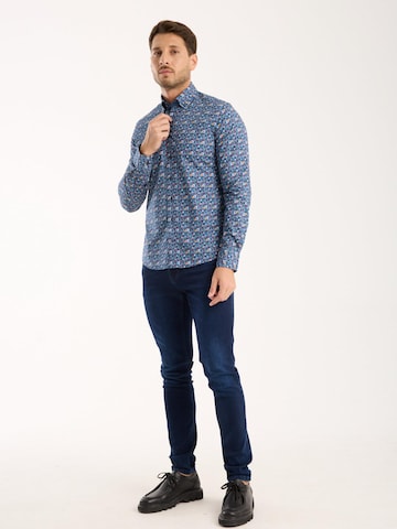 7Camicie Slim fit Zakelijk overhemd 'Donatello Poplin Stretch Man Shirt Blue Yellow' in Blauw