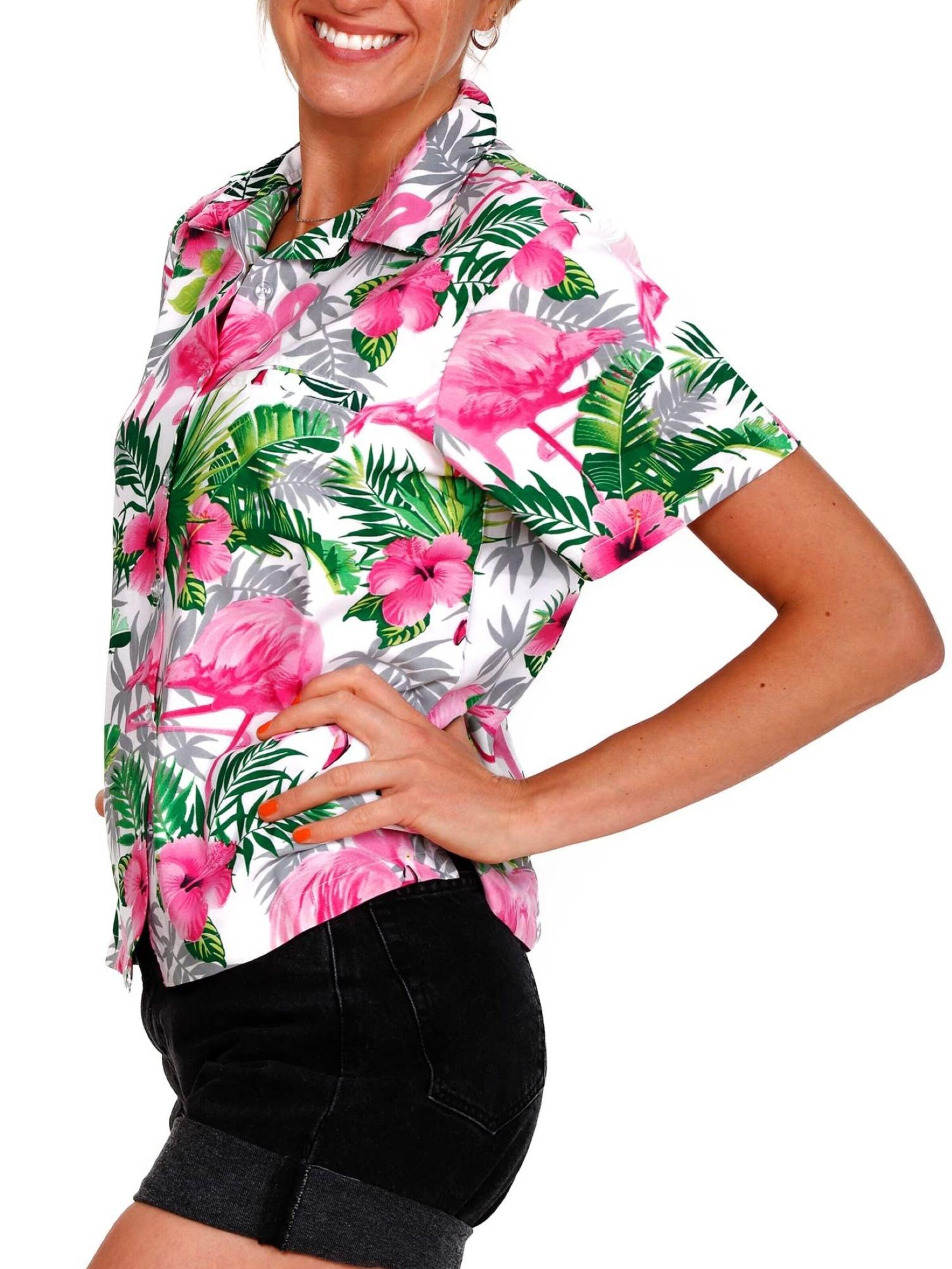 Camicia da donna 'Flamingo Flowers' di King Kameha in bianco