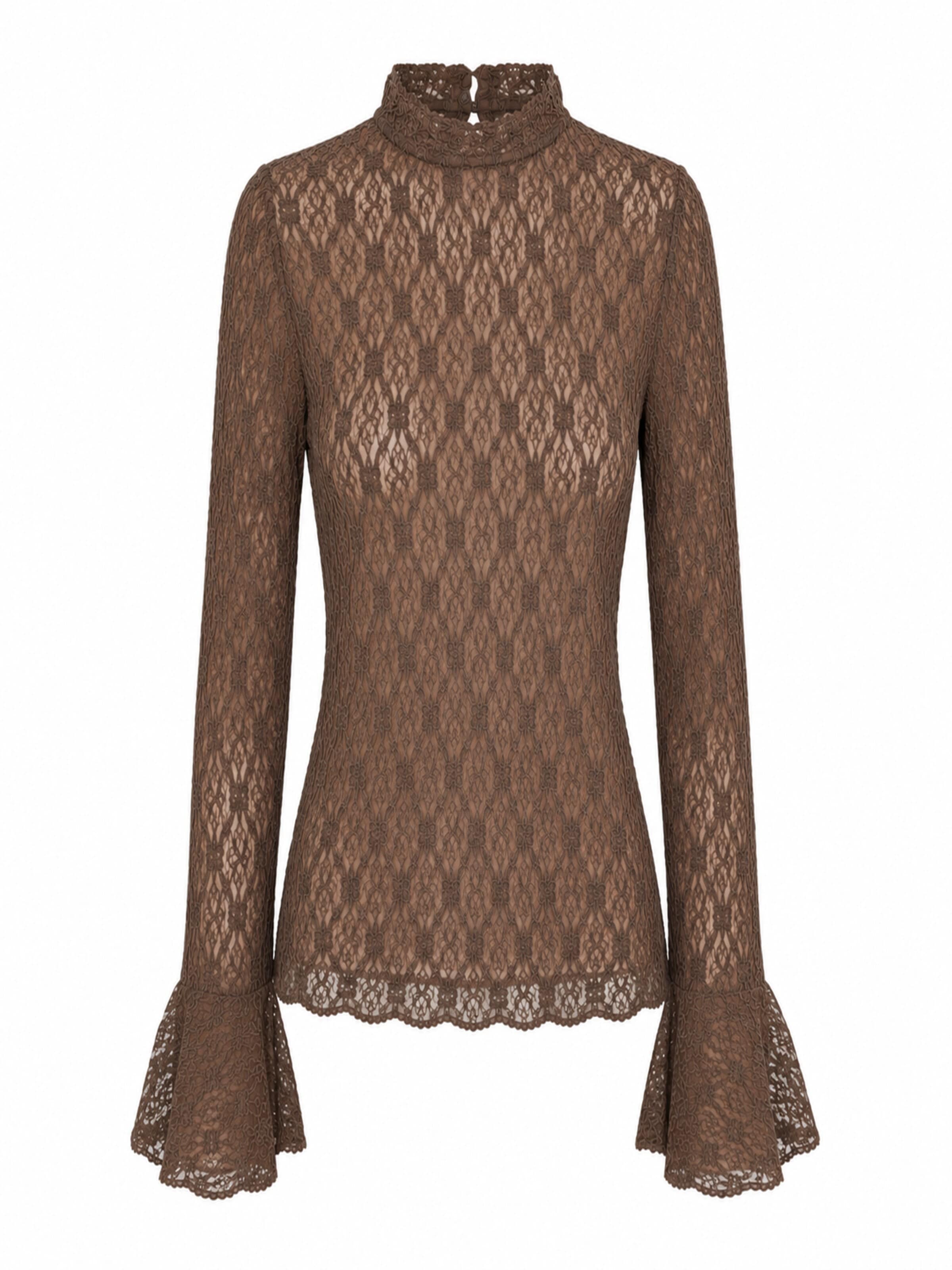 Camicia funzionale 'UNICORN Women's Lace Top Brown – Elegant Transparent Long Sleeve with Flared Sleeves s m l' di UNICORN in marrone: frontale