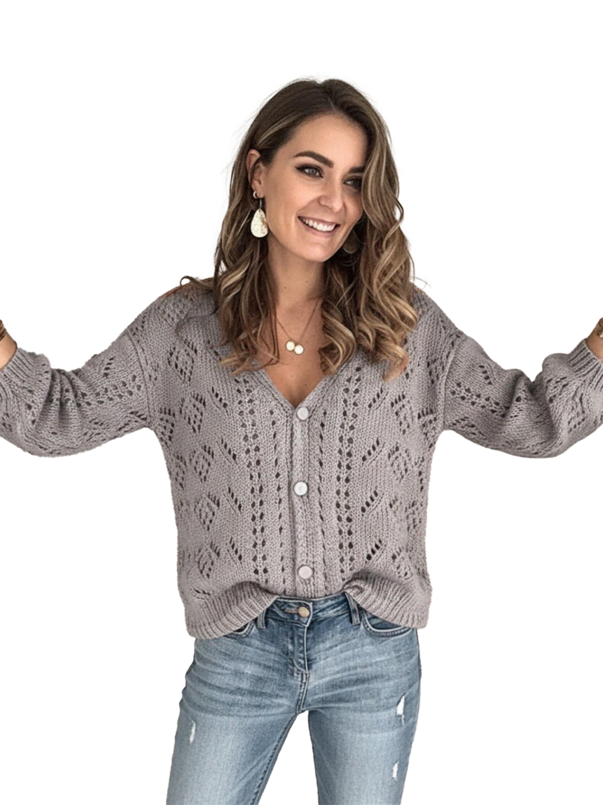 KoJooin Kardigan 'Damen Strickcardigan mit V-Ausschnitt Langarm,Strukturierter Lochmuster-Strick und Knopfleiste' w kolorze szary