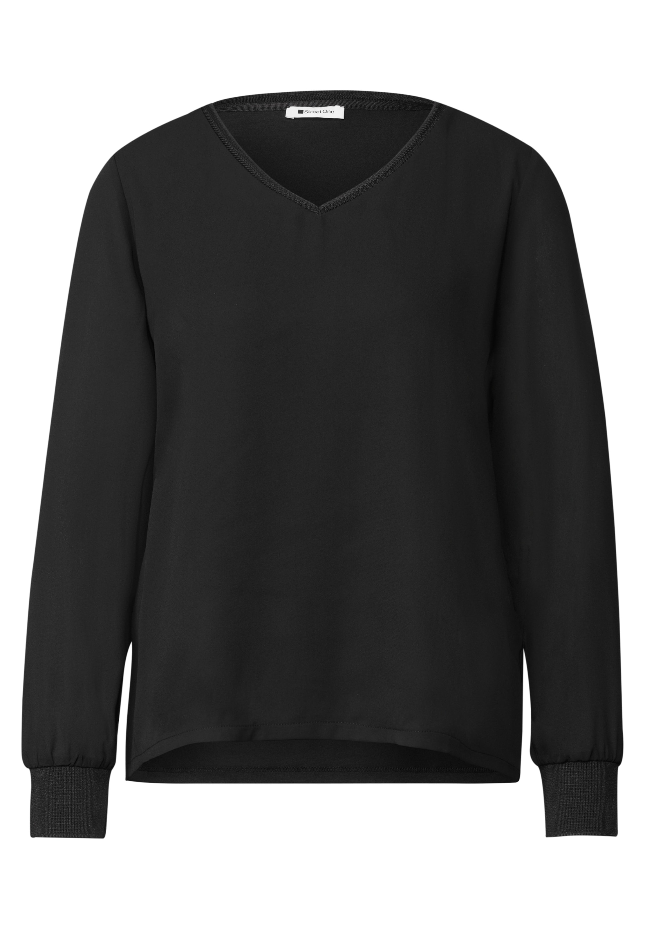 STREET ONE Langarm Shirt mit V-Neck und Strukturmix in Schwarz: Vorderseite