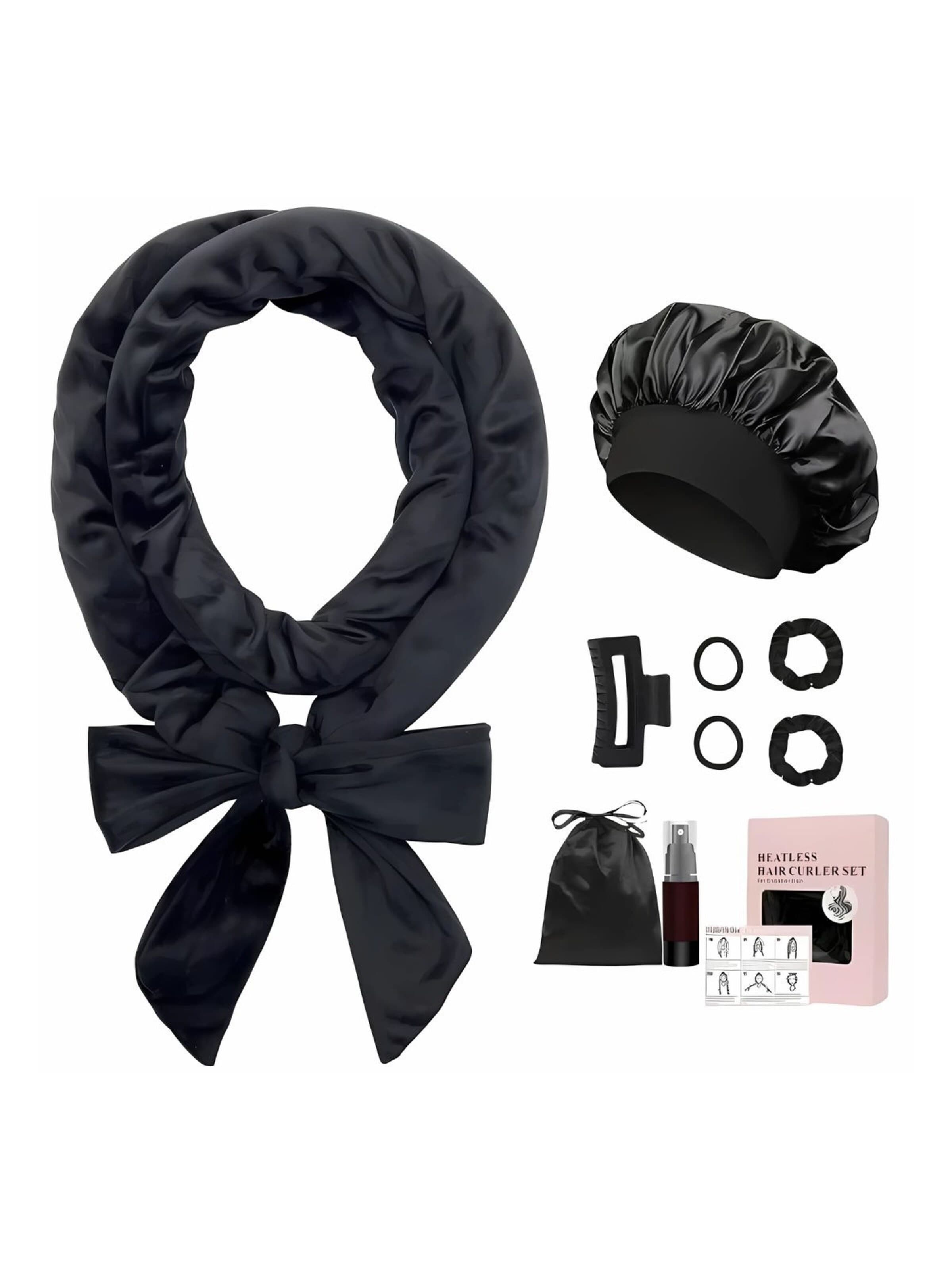 Ornement pour cheveux 'Heatless Curler Set – Velour Headband & Satin Bonnet for Overnight Curls (Black, 9-Piece)' soho Hair accesoires en noir : devant