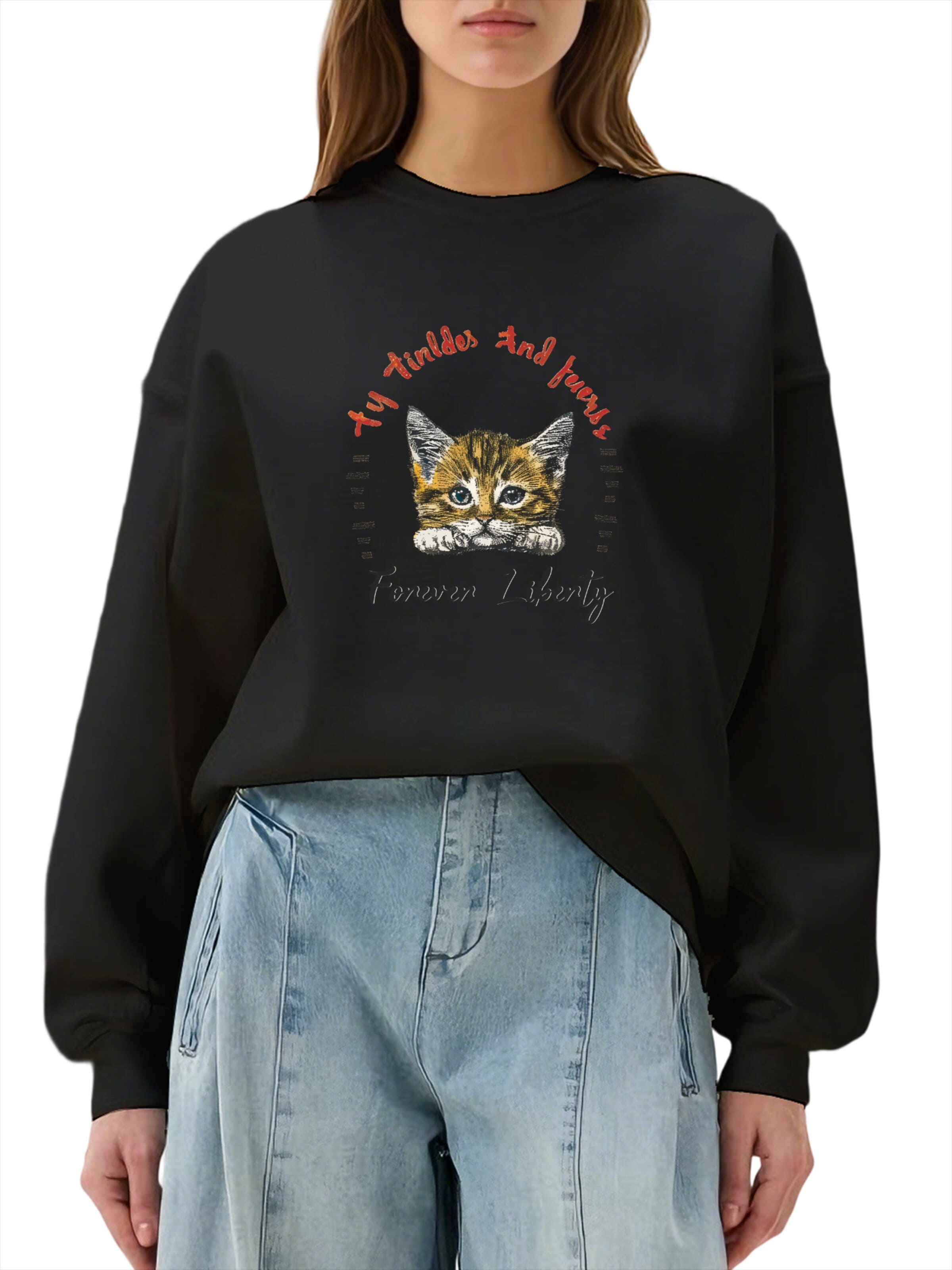 GORHEY - Sudadera 'Women's Crew Neck Sweatshirt with Cat Print & Fleece Lining for Autumn/Winter' en negro: frente