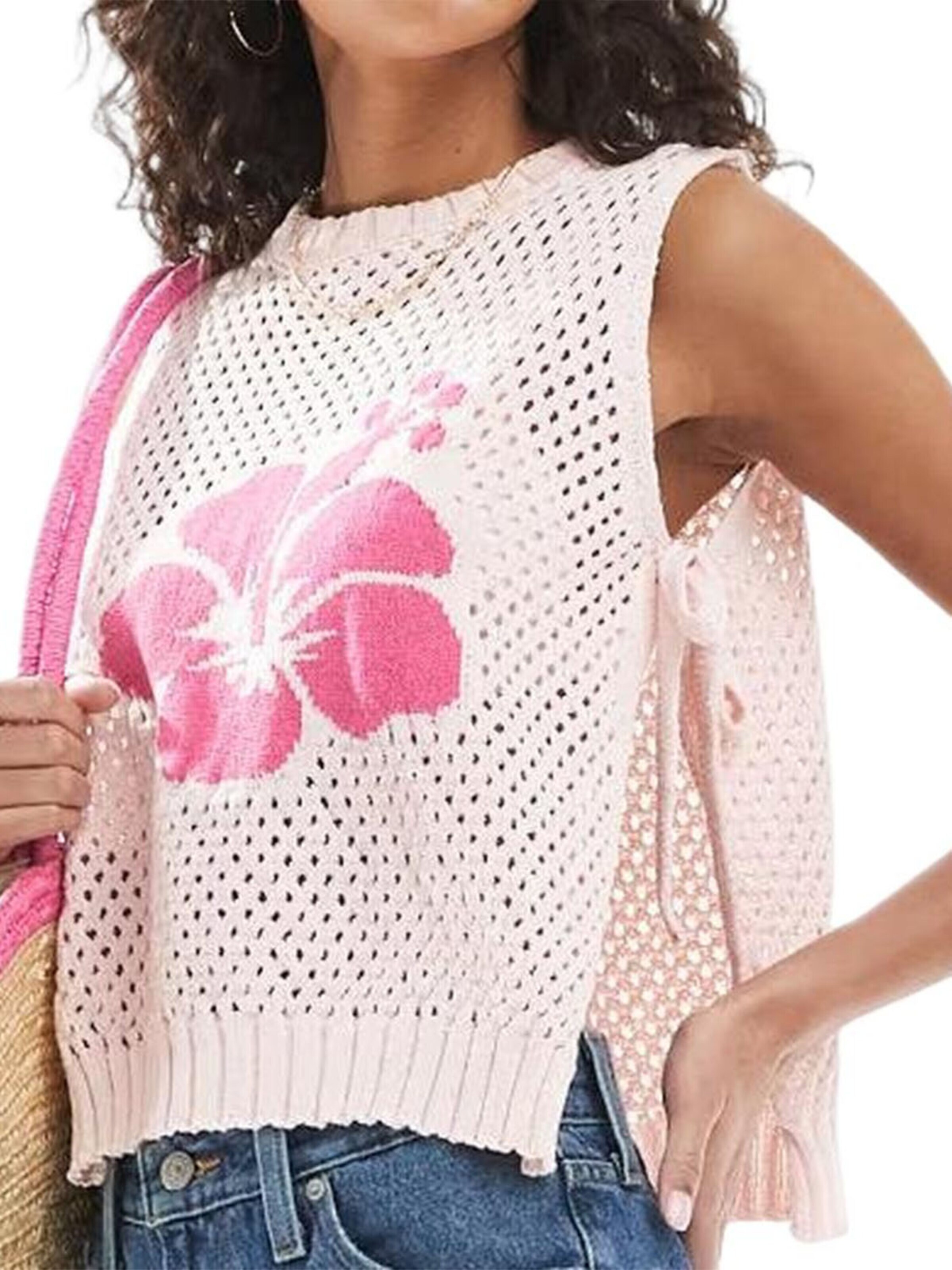 KoJooin Kamizelka z dzianiny 'Damen Stricktop Mit Blumenjacquard Seitlichen Bindebändern Und Ärmellosem Loose Fit' w kolorze różowy