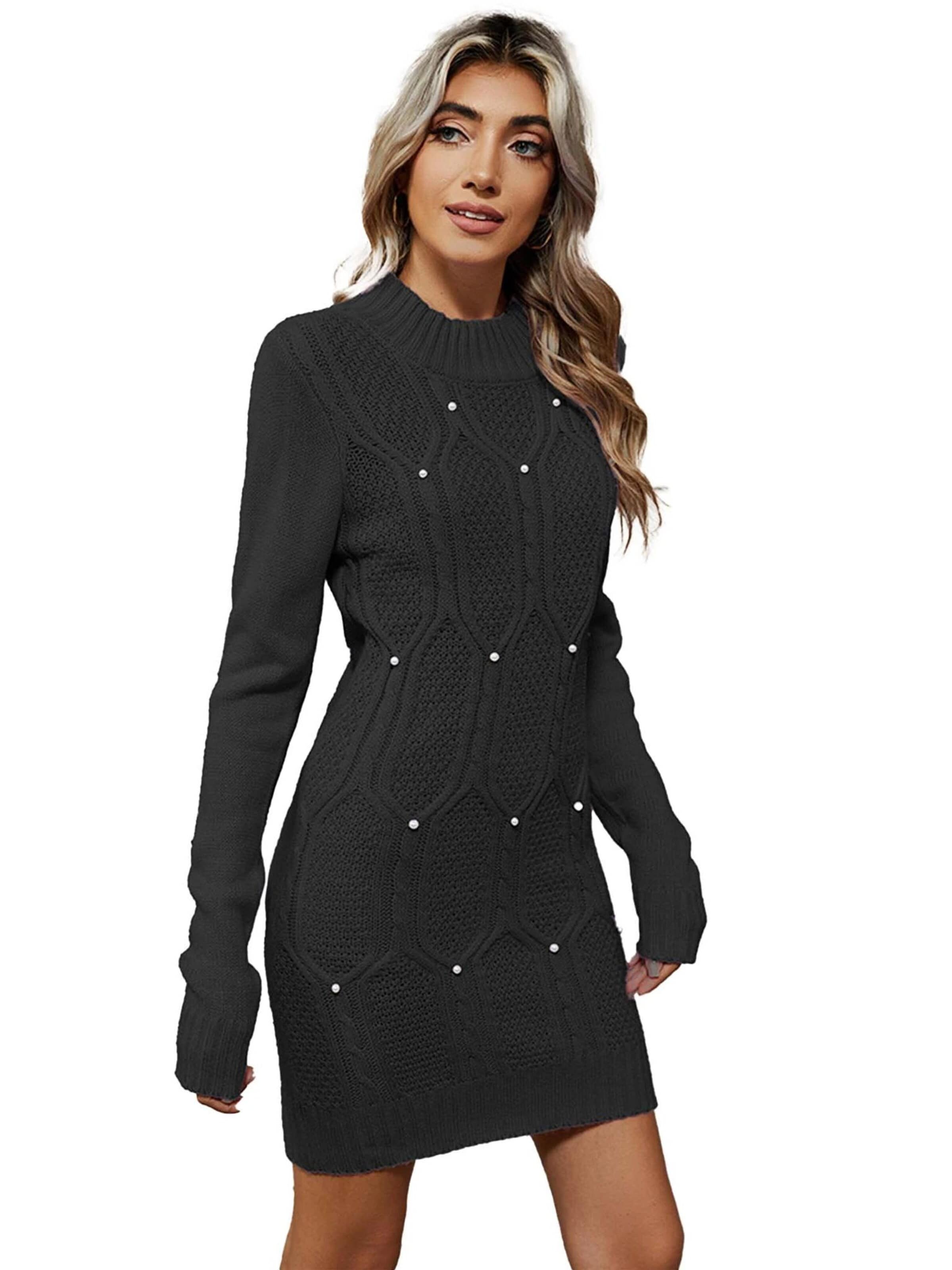 KoJooin Sukienka z dzianiny 'Damen-Strickkleid mit Perlenverzierung, langen Ärmeln und figurbetontem Schnitt' w kolorze czarny