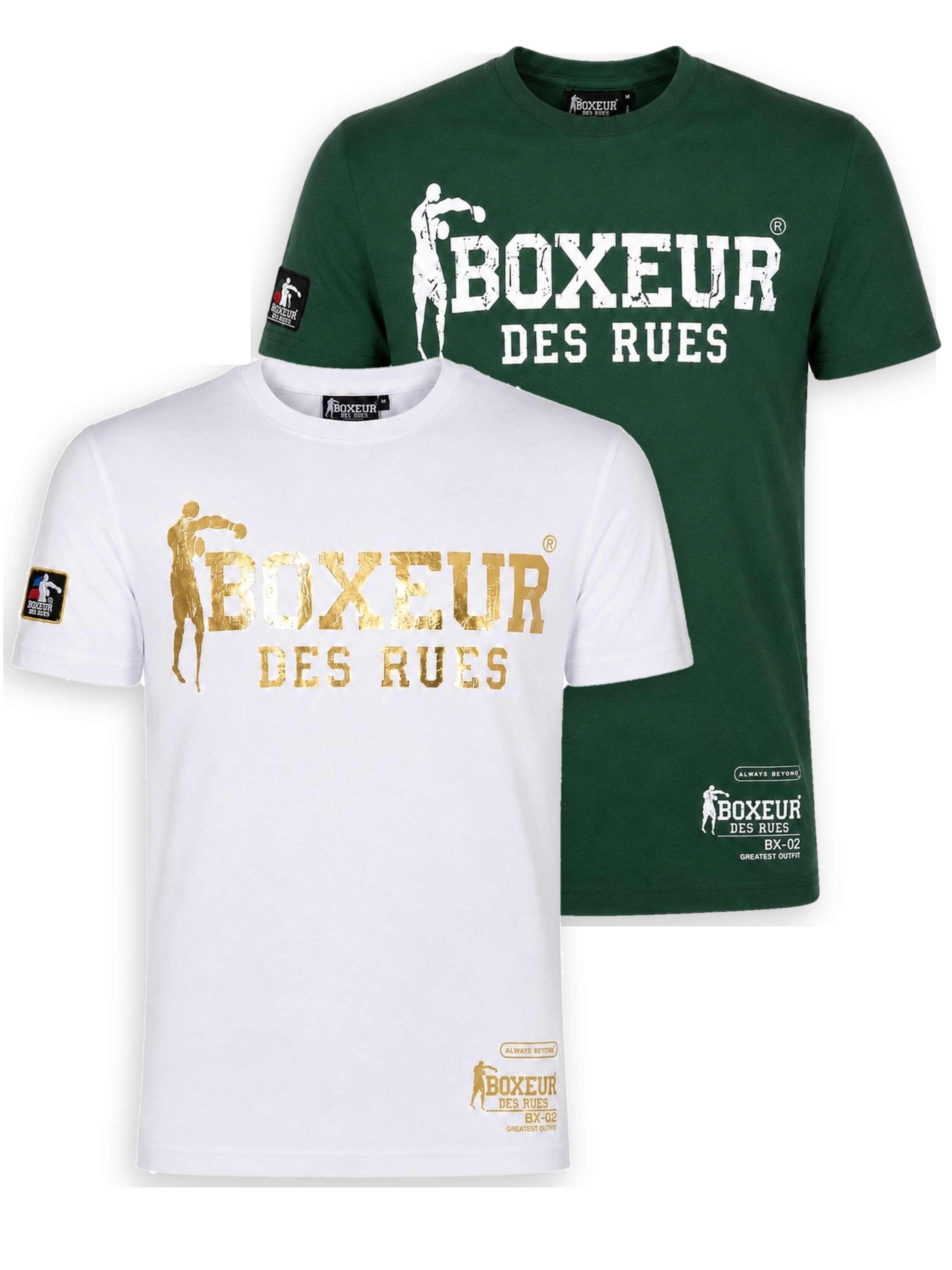 Boxeur des Rues - Camiseta 'Herren T-Shirt 2er-Pack Boxeur des Rues Slim Fit: Weiß, Goldenes Logo + Dunkelgrün, Weißes Logo' en Mezcla de colores: frente