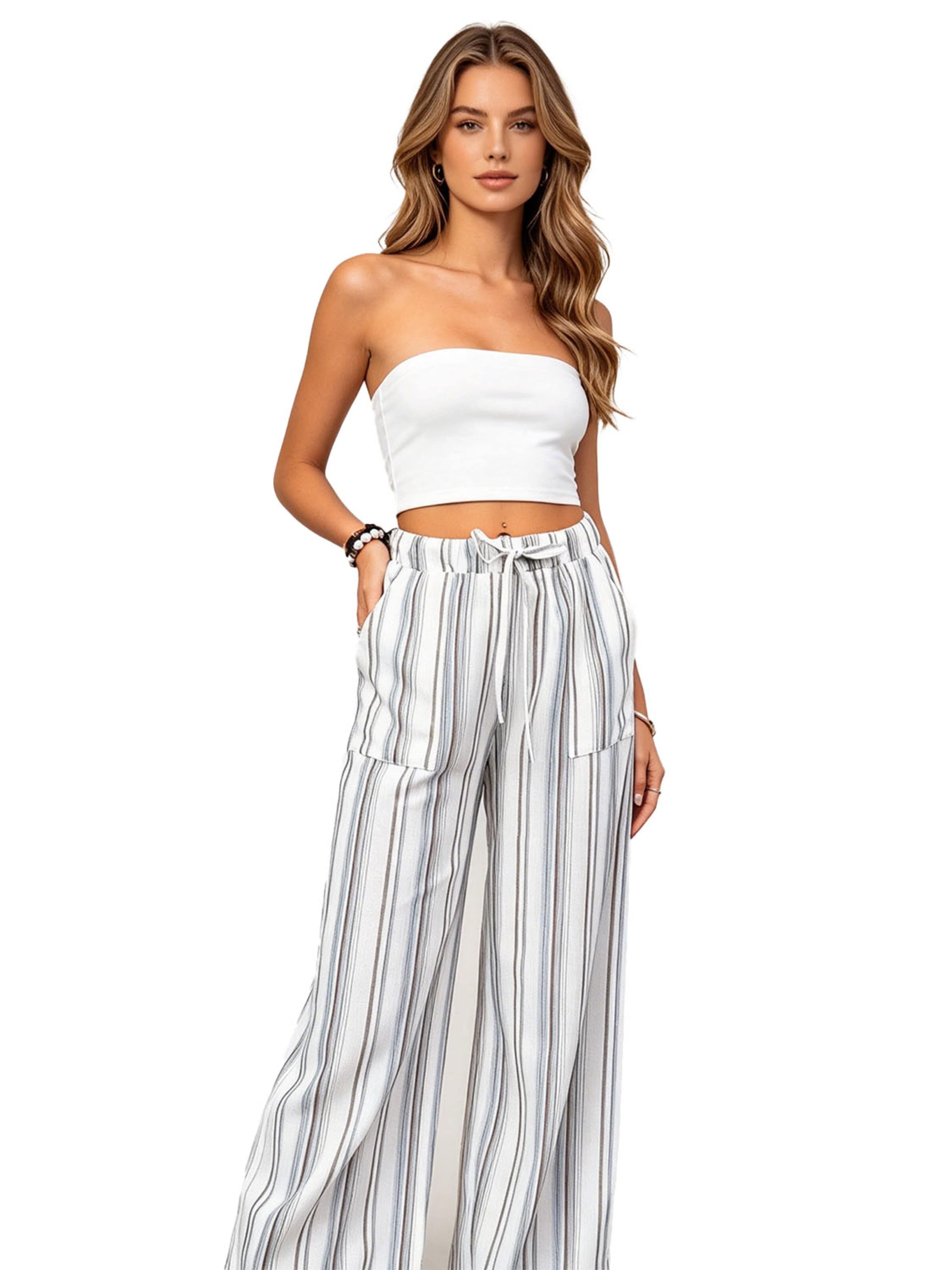 KoJooin Normalny krój Spodnie 'Damen Weite Freizeithose Mit Streifenprint Kordelzug Und Taschen Reisehose' w kolorze niebieski