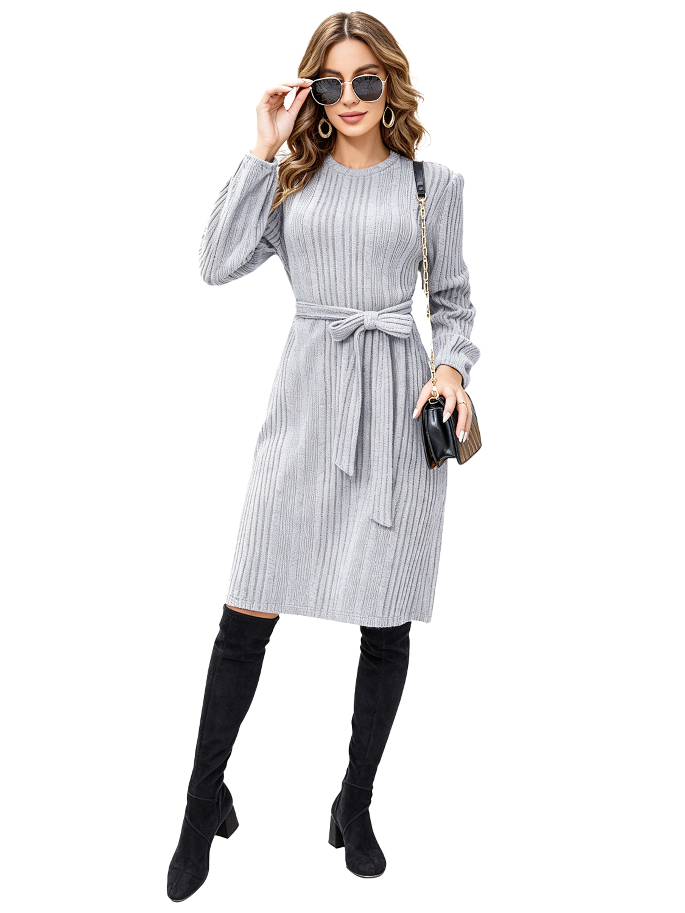 KoJooin Sukienka 'Damen Strickkleid für Herbst und Winter Lässiges,Rippstrick,Fließendes Kleid mit Gürtel für Arbeit' w kolorze szary