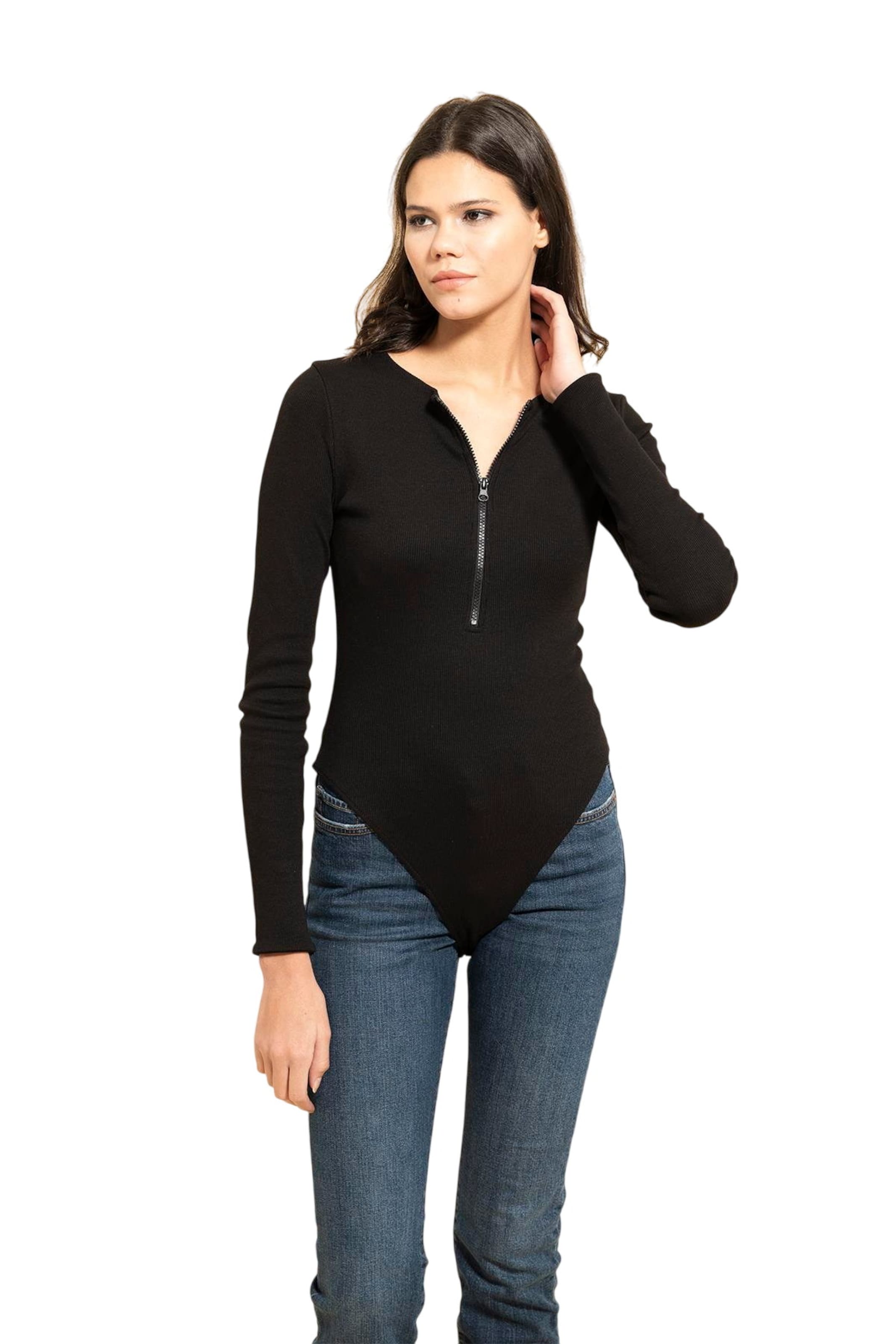 For You Moda Shirt Bodysuit in Black: front