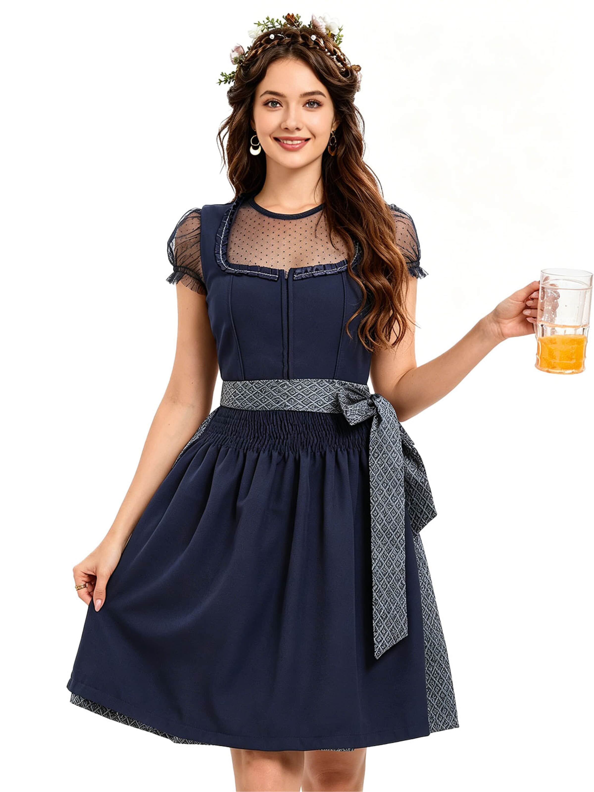 KoJooin Dirndl 'Damen Polka‑Dot Bluse, quadratischer Ausschnitt – 3‑teiliges Dirndl‑Set für Oktoberfest'‌‌‌ in Blau