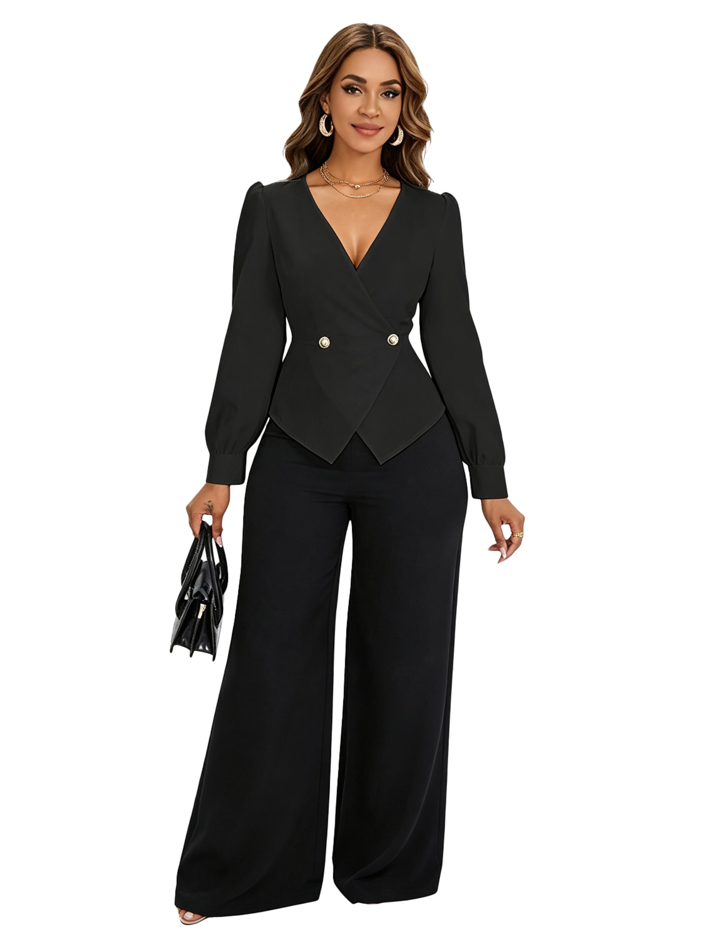 KoJooin Marynarka 'Damen Eleganter V-Ausschnitt Blazer – Figurbetonte Langarm-Schnittjacke für Stilvolles Business' w kolorze czarny