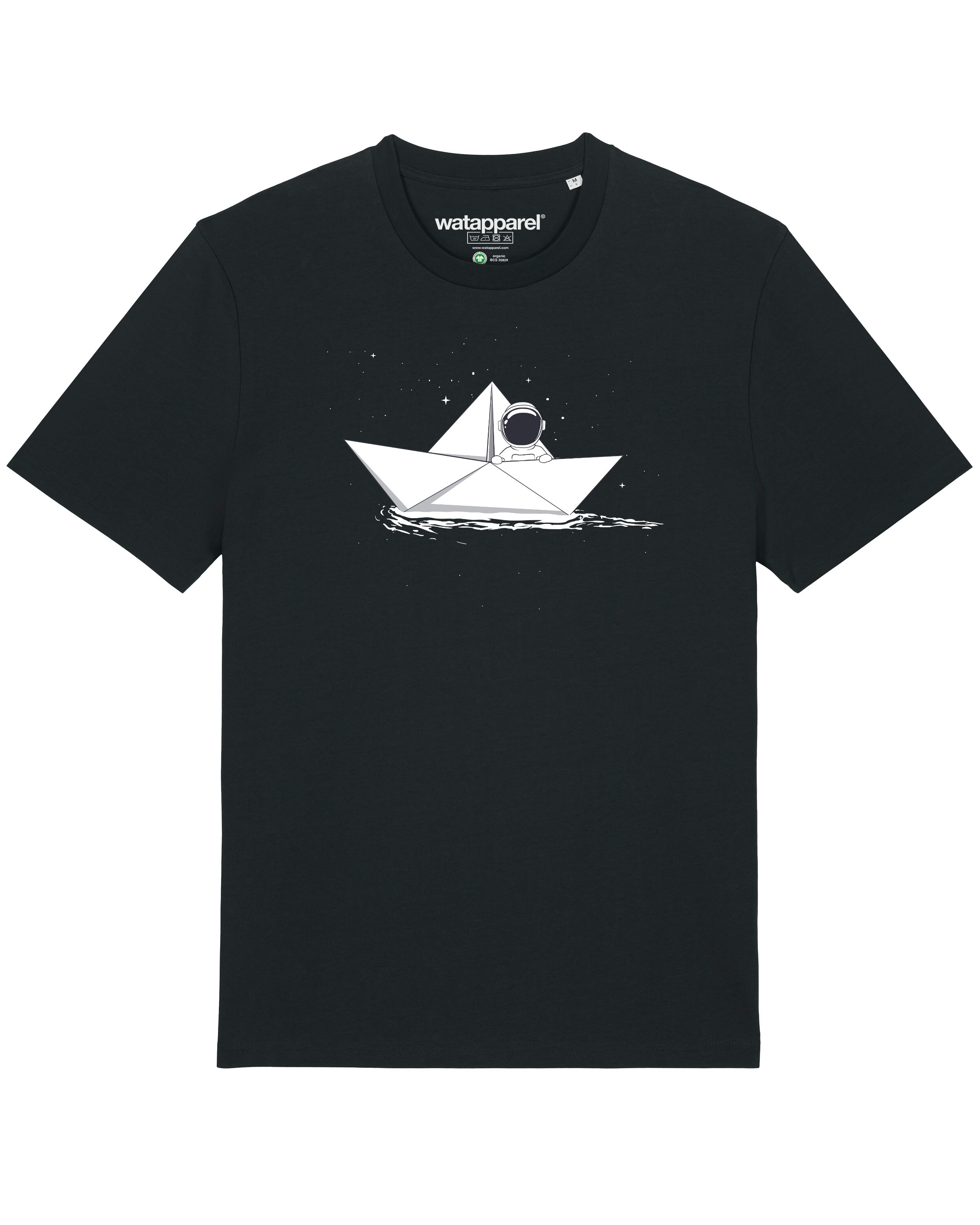 Watapparel Shirt 'Astronaut in paper boat' in Zwart: voorkant