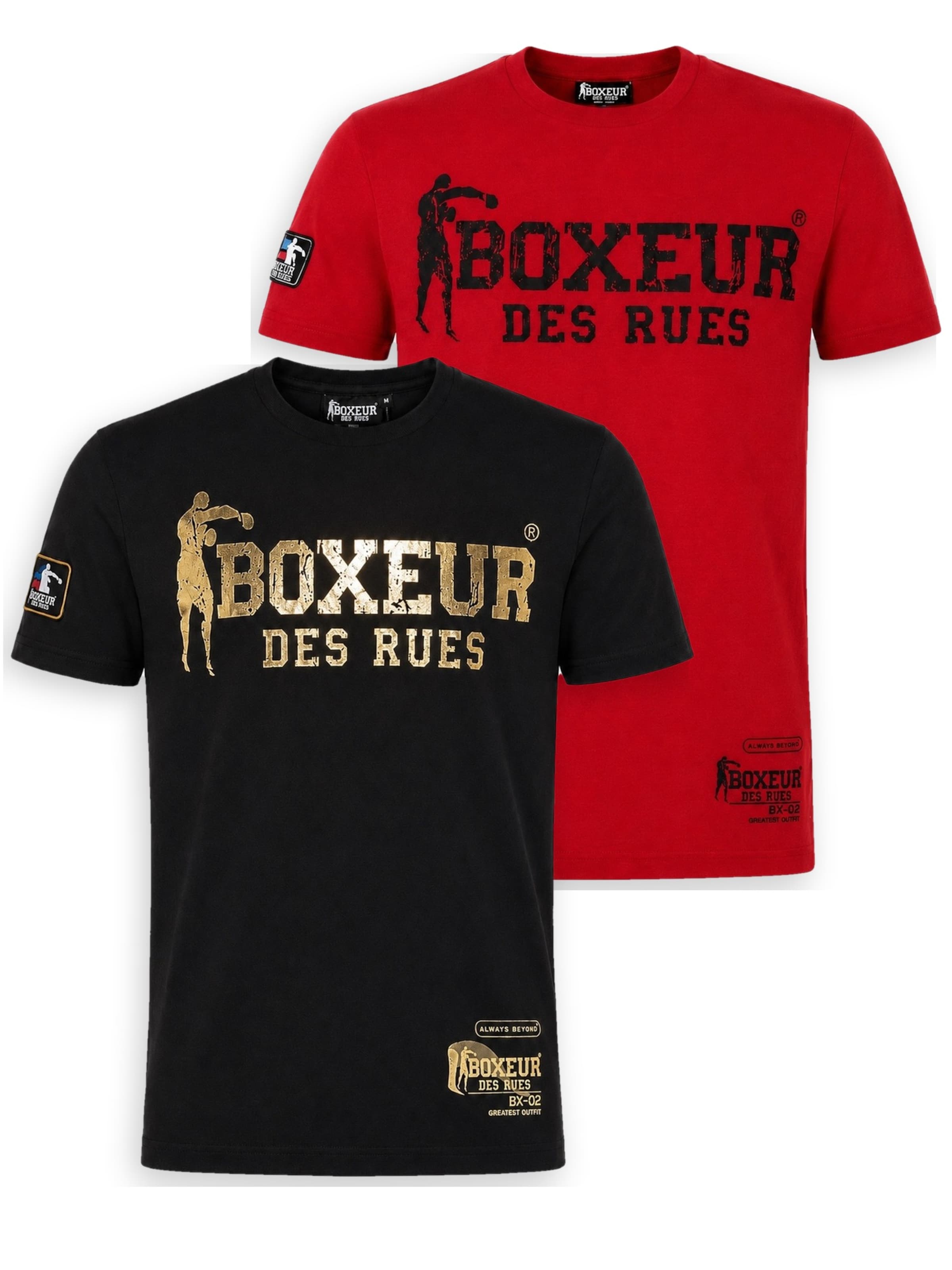 Boxeur des Rues - Camiseta 'Herren T-Shirt 2er-Pack Boxeur des Rues Slim Fit: Schwarz, Goldenes Logo + Rot, Schwarzes Logo' en Mezcla de colores: frente