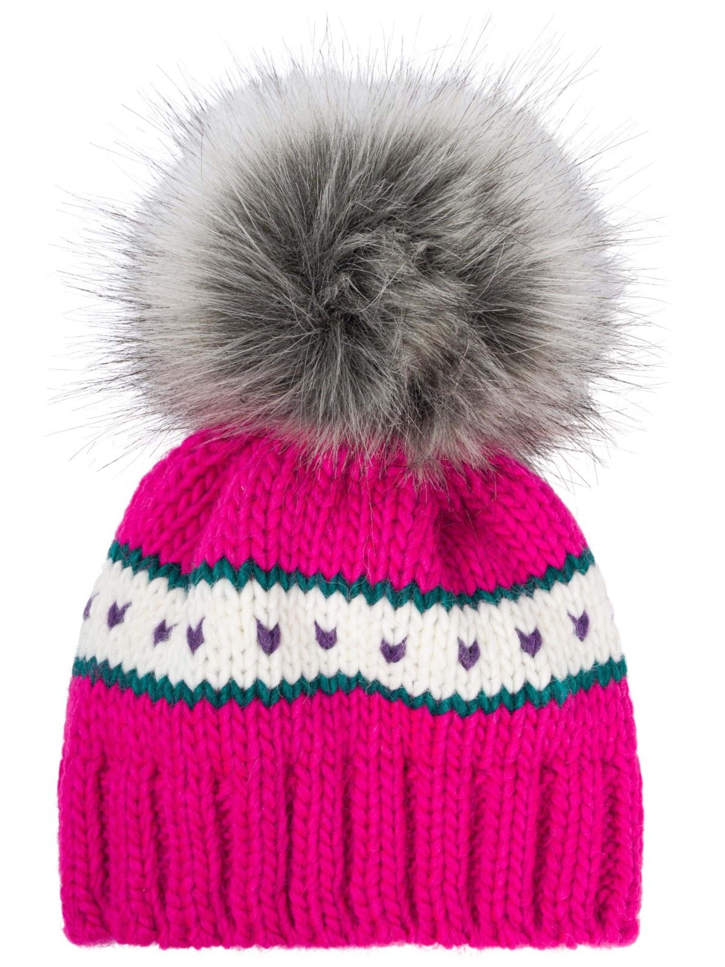styleBREAKER Beanie 'Kinder Strick Bommelmütze Herzmuster' in Pink: front