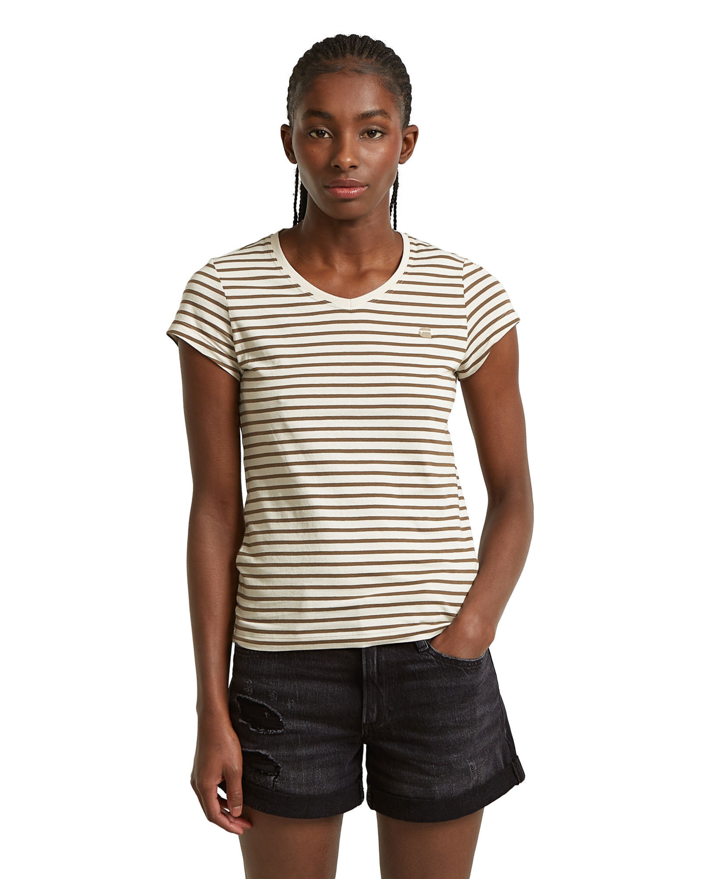 G-STAR Shirt 'Stripe Eyben Slim V T-Shirt 2.0' in Beige: voorkant