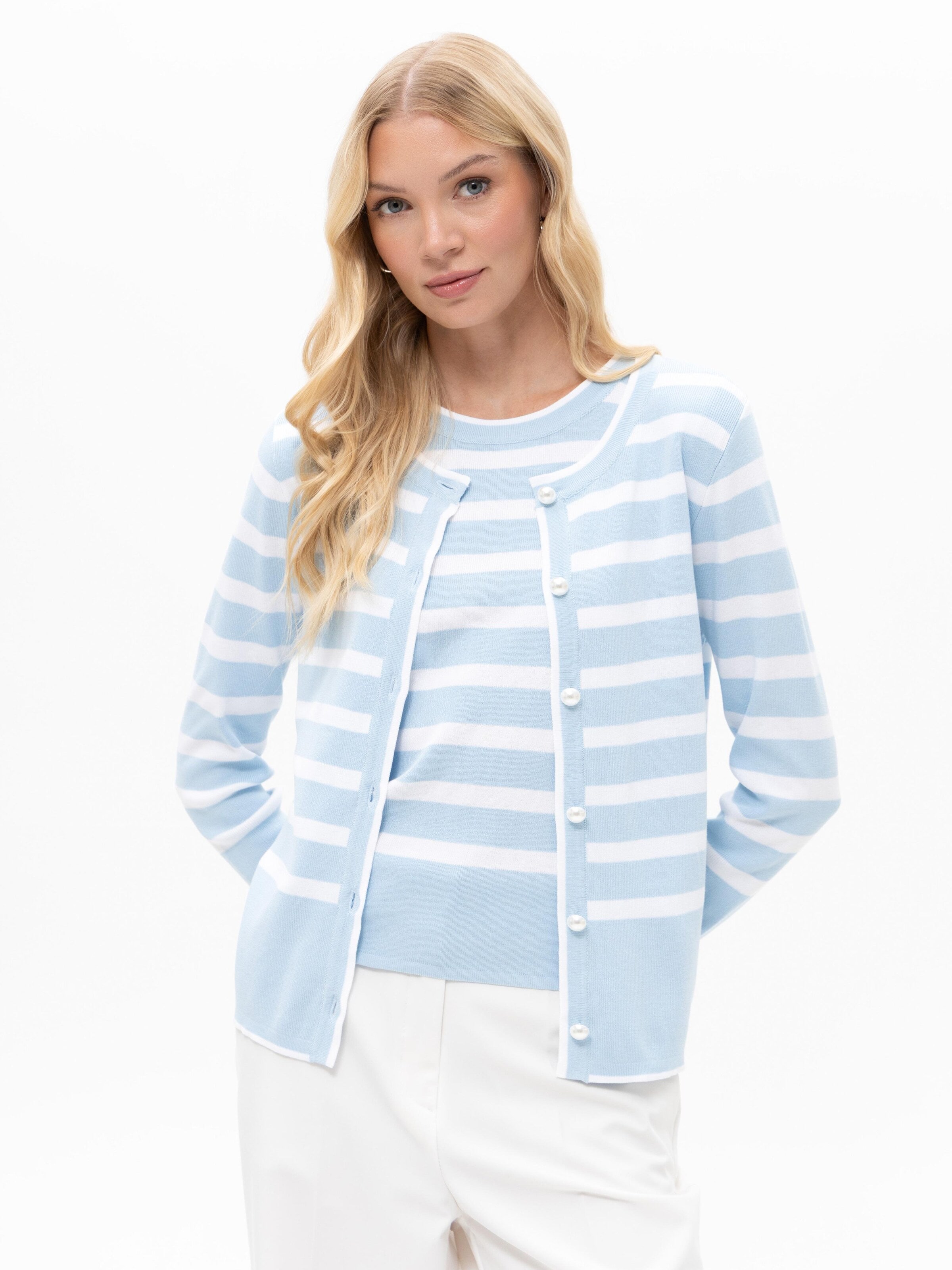 Passioni Knit Cardigan 'Twinset mit hellblauen Streifen' in Blue: front
