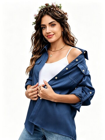 KoJooin Halenka 'Damenbluse mit Knopfleiste, langärmelig, lässig, Oversize-Schnitt, mit Taschen, leichtes Oberteil' – modrá