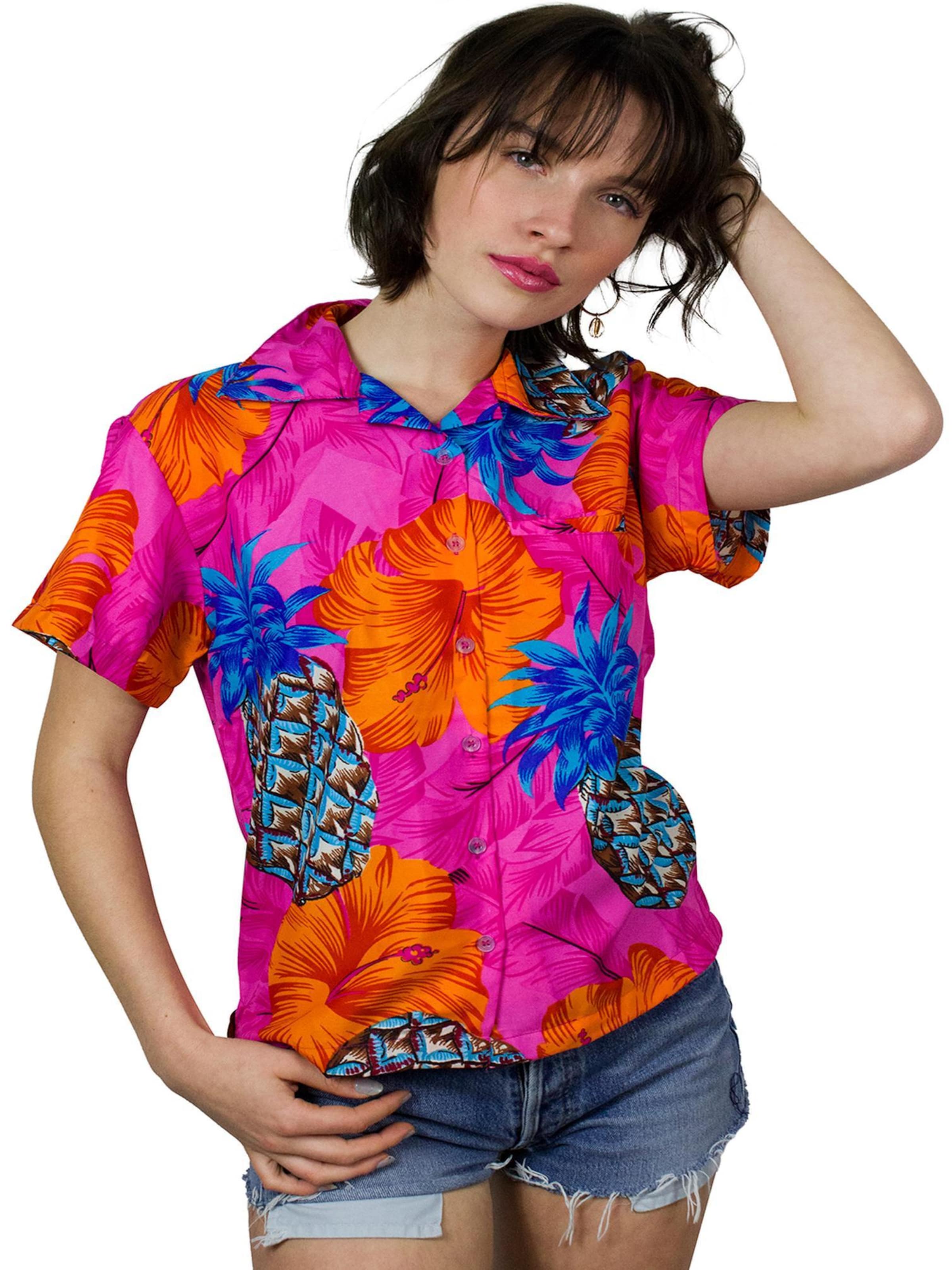 King Kameha Bluse 'Pineapple Hibiscus Shadow Line'‌‌ in Pink: Vorderseite