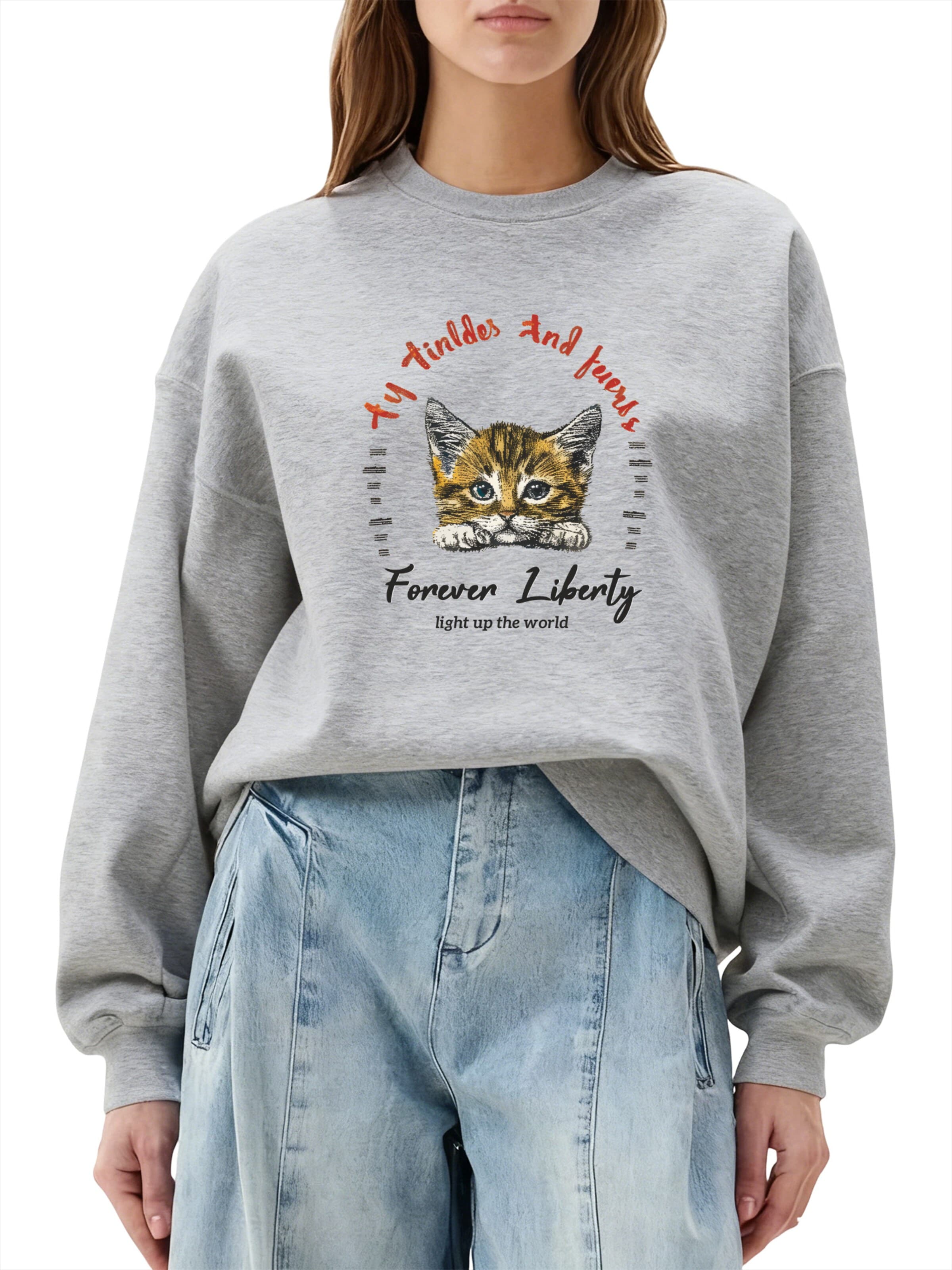 GORHEY Sweatshirt 'Women's Crew Neck Sweatshirt with Cat Print & Fleece Lining for Autumn/Winter' in Grijs: voorkant