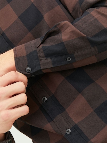 JACK & JONES Slim fit Button Up Shirt 'Gingham ' in Brown